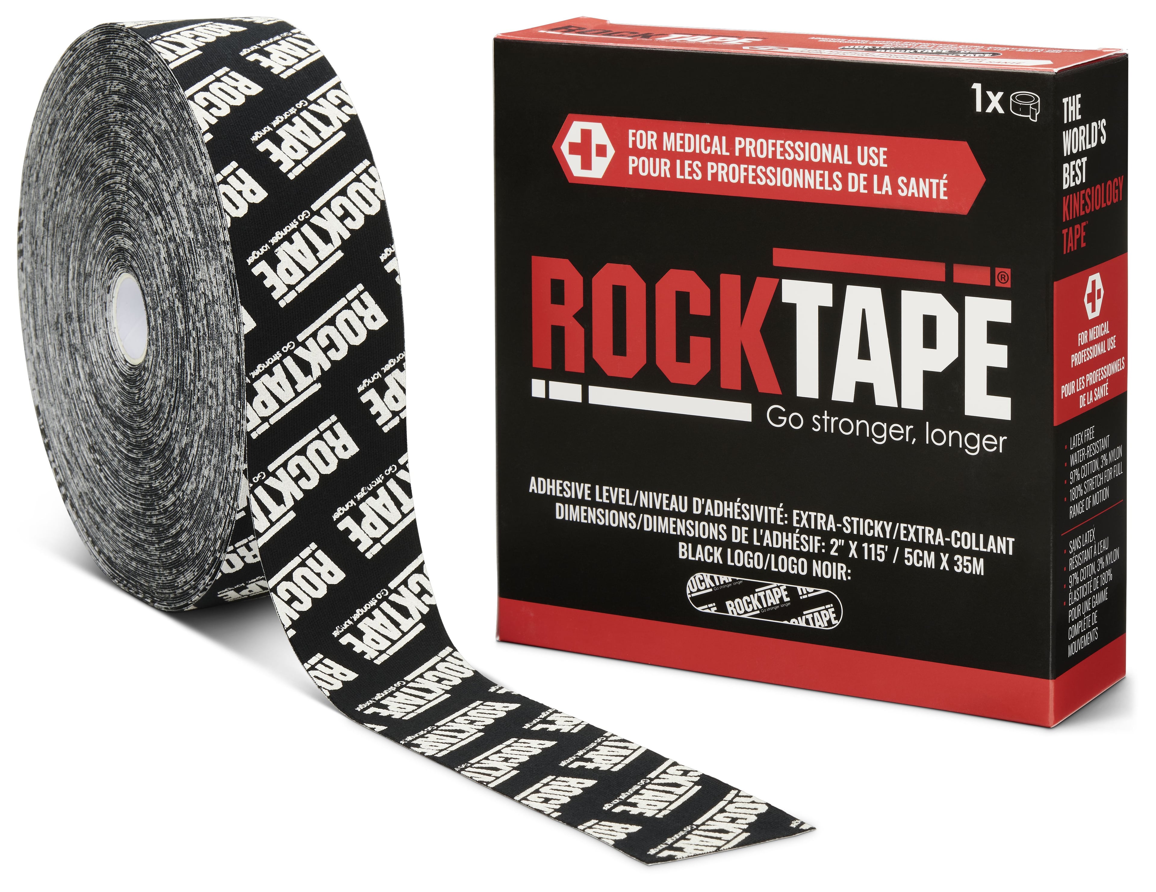 RockTape Xtr-Sticky Kinesiology Tape, Black with Logo, 2" x 115', Each