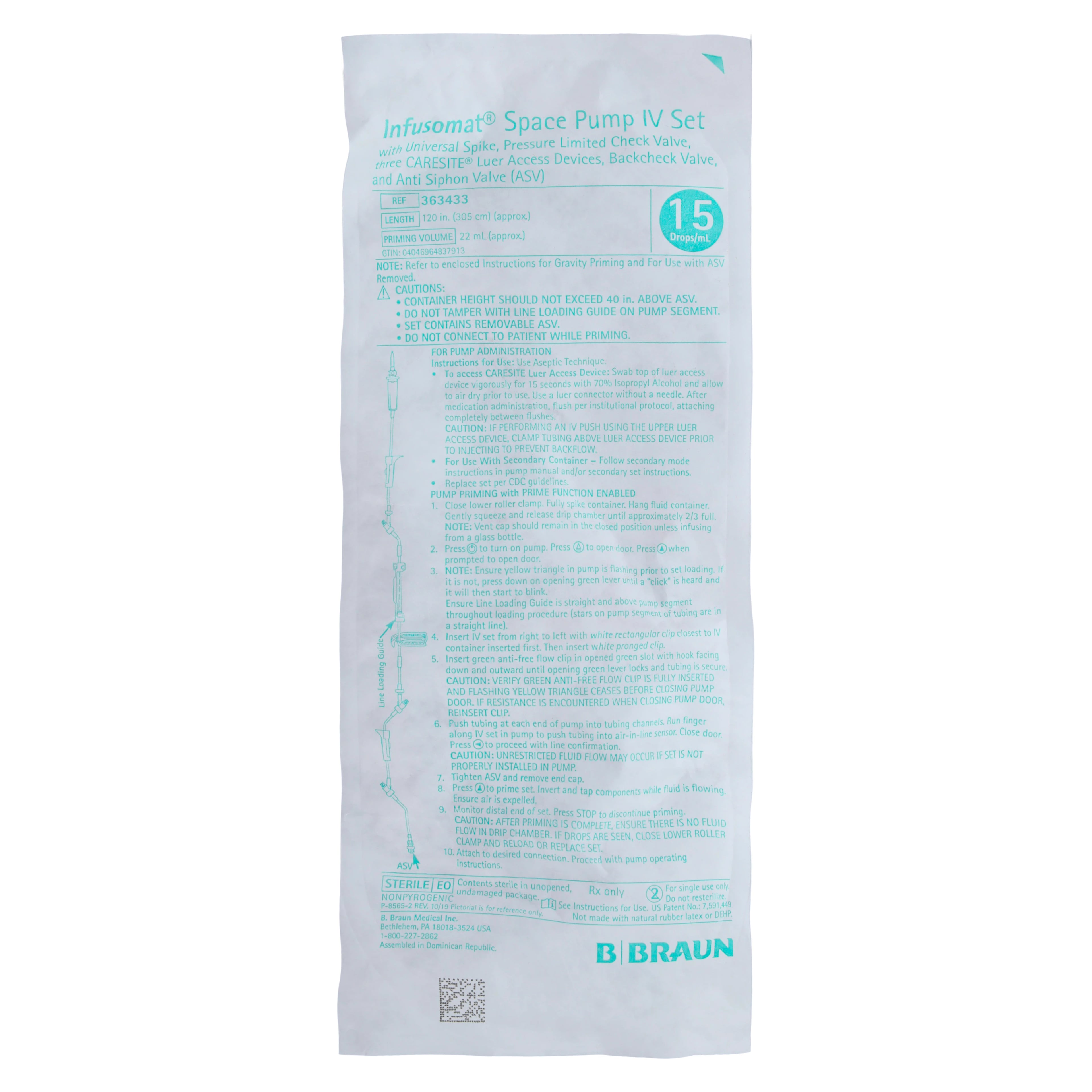 B. Braun Caresite Space Pump Set, 15 Drops/mL, Priming Volume 23 mL, 123" Tubing, Sterile, Latex-Free, 24/Case