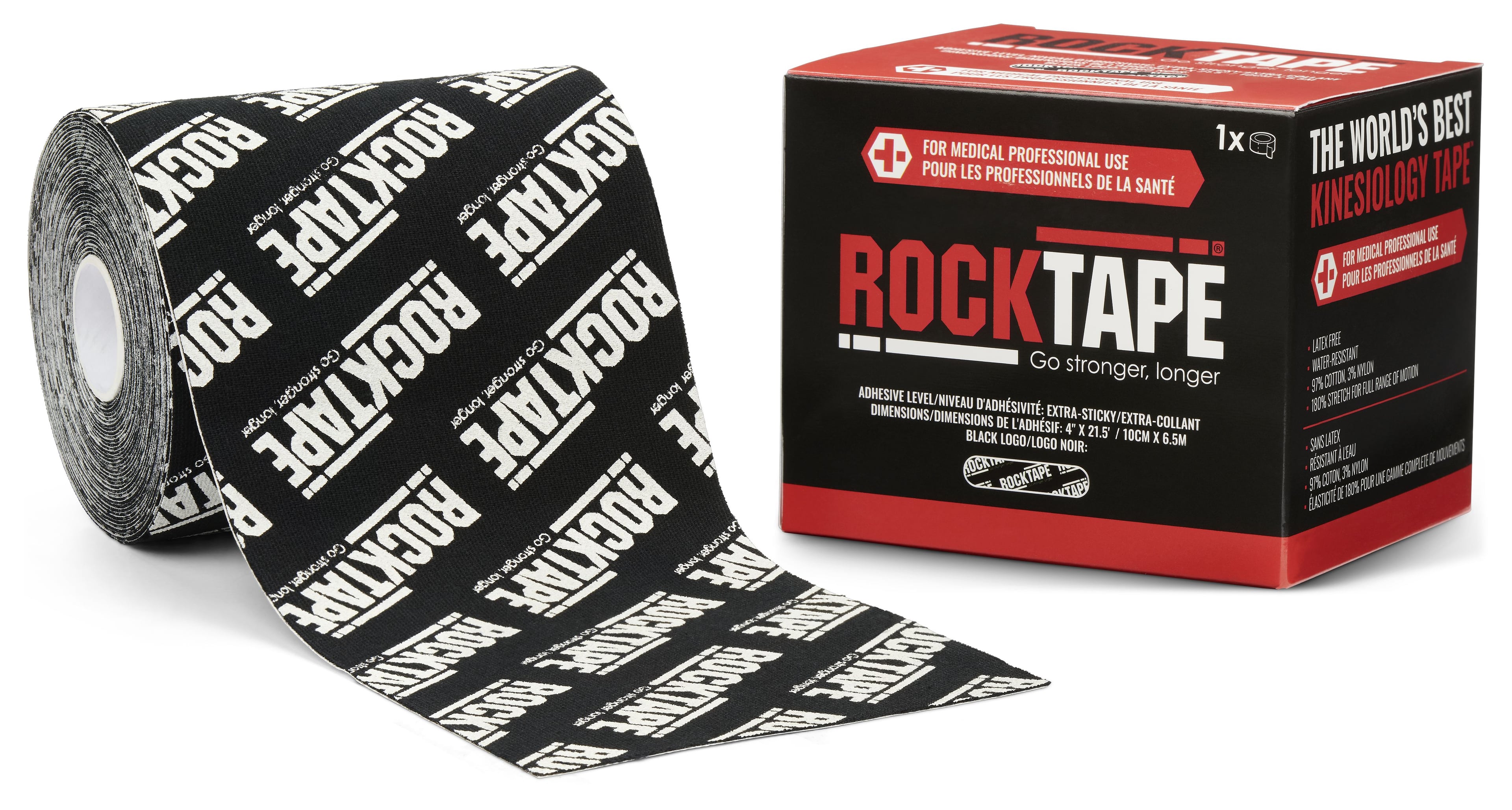 RockTape Xtr-Sticky Kinesiology Tape, Black with Logo, 4" x 21.5', Each