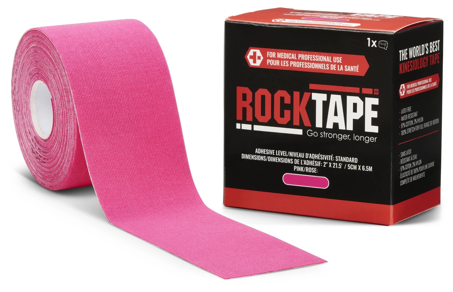 RockTape Standard Kinesiology Tape, 97% Cotton/3% Nylon, 2" x 21.5', Pink, Non-Sterile, Each