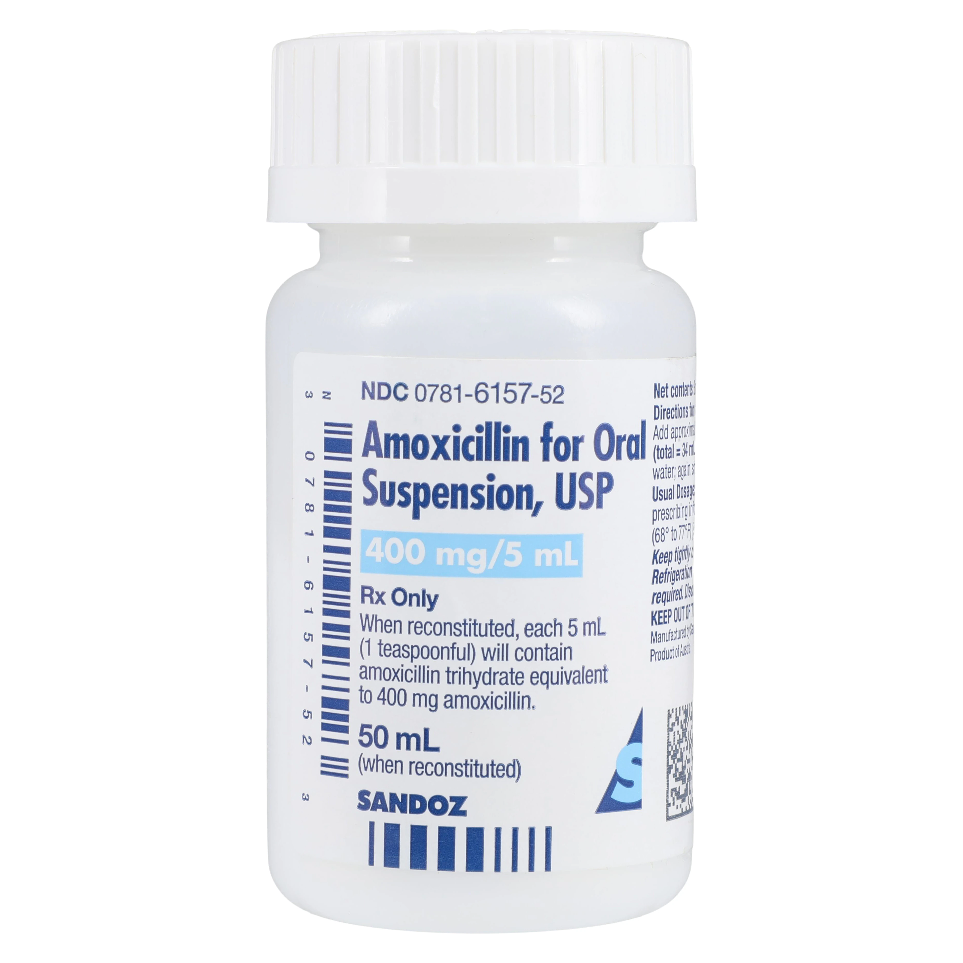 Amoxicillin Oral Suspension 400mg/5mL, Fruit Flavor, 50mL Bottle (Sandoz)
