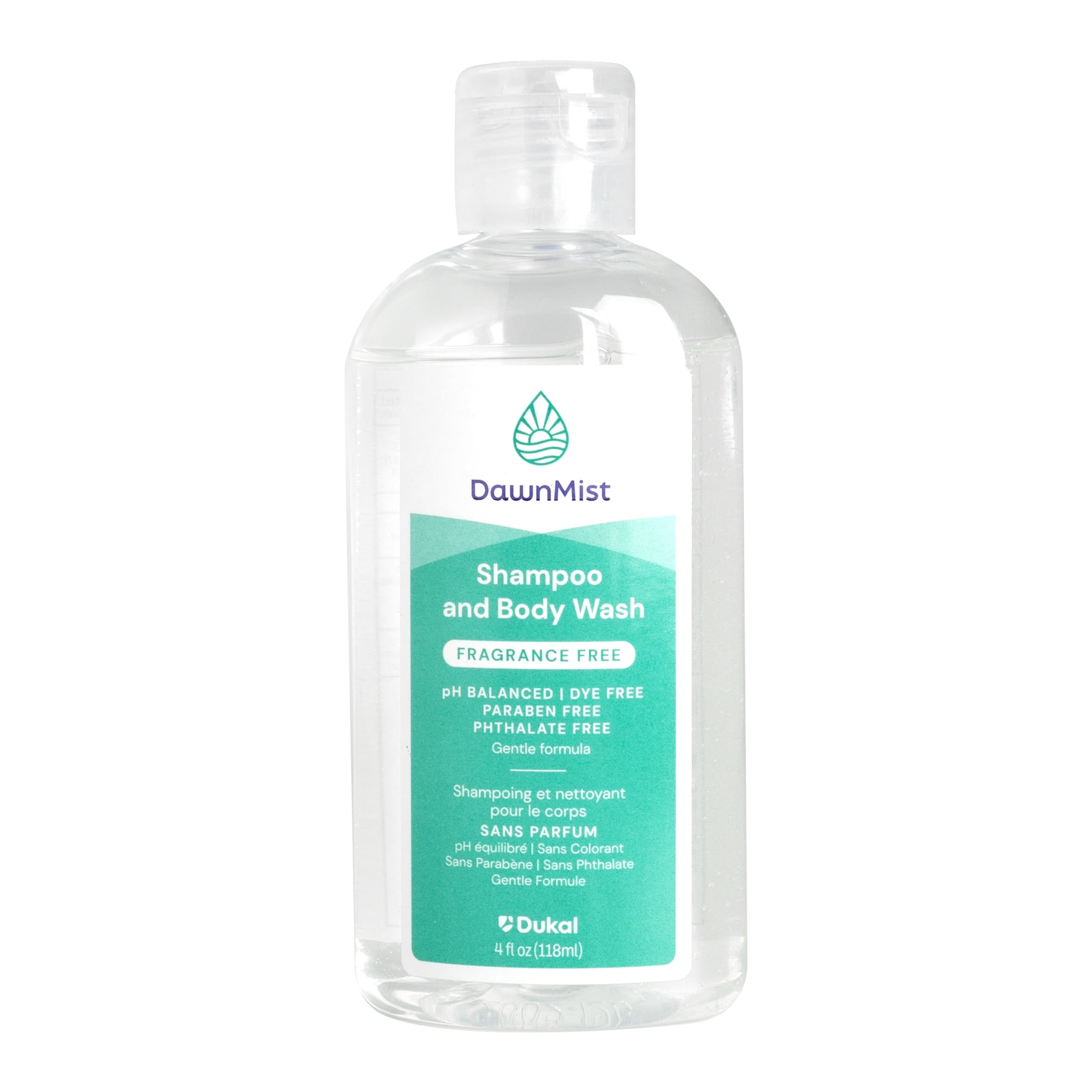 DawnMist Cleansing Shampoo & Body Wash, Fragrance Free, 4 oz Bottle, 96/Case
