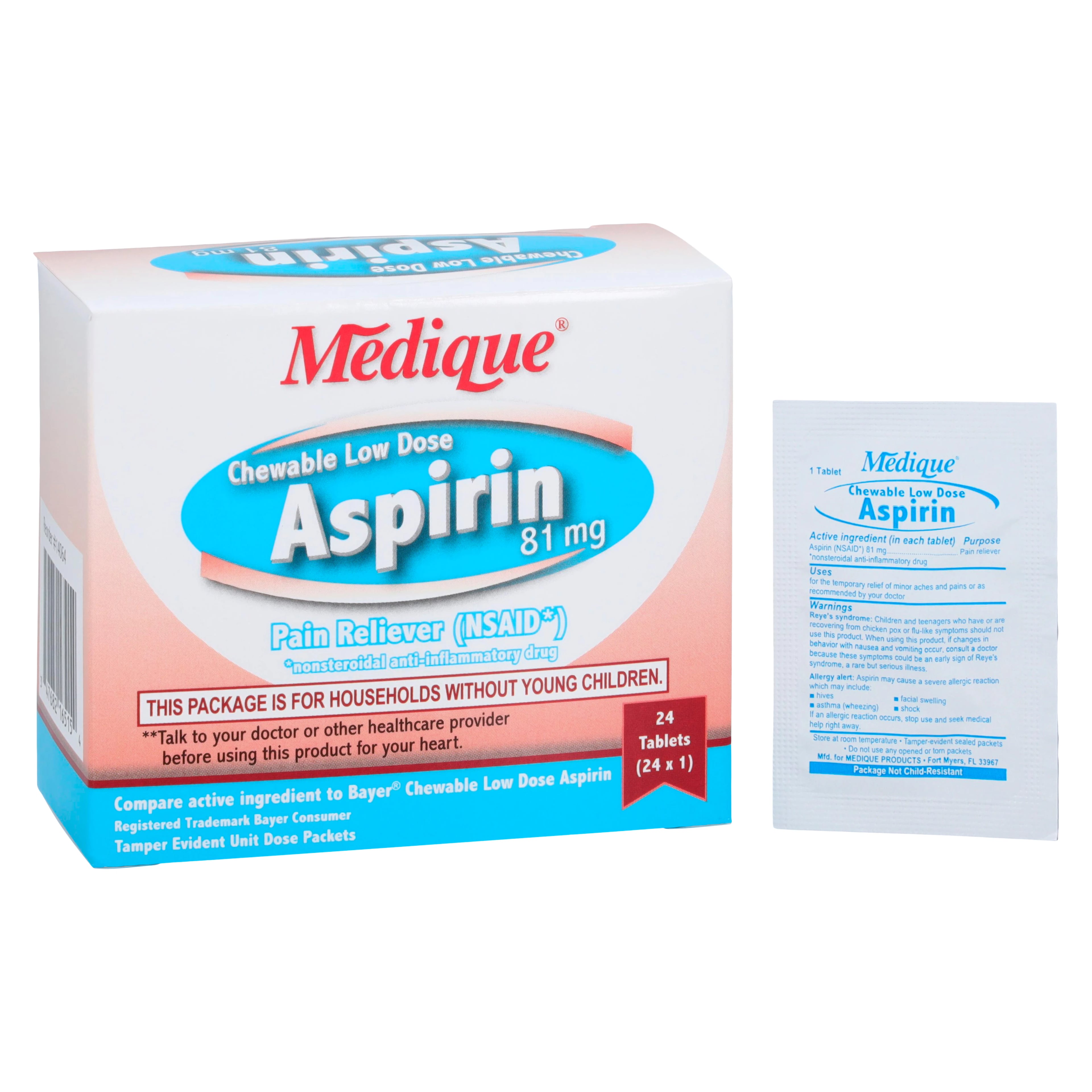 Medique Aspirin Chewable Tablets, 81 mg, Unit Dose, 24/Box