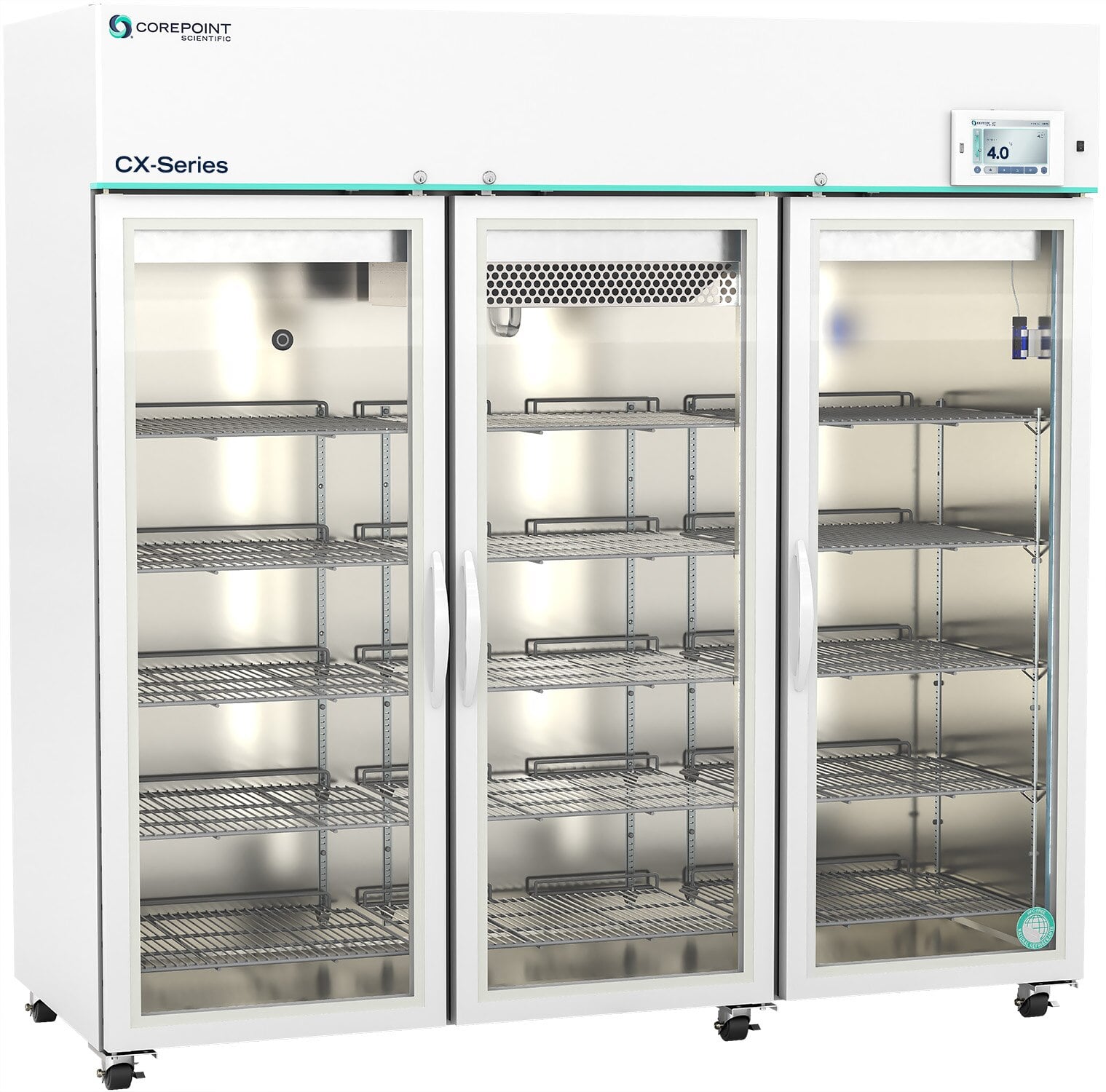 Corepoint Scientific Premium CX Lab Fridge, 72 Cu Ft, 3 Glass Doors, Right Hinge, 1-10°C, Cycle Defrost