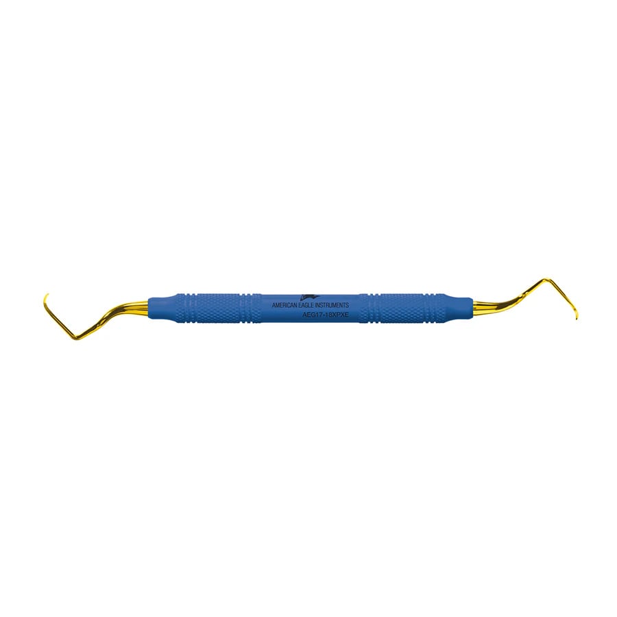 American Eagle XP® SQUARED Technology Gracey Standard 17-18 Posterior Distal Curette, Blue Resin Handle, 3/8", Double End, AEG17-18XPXE