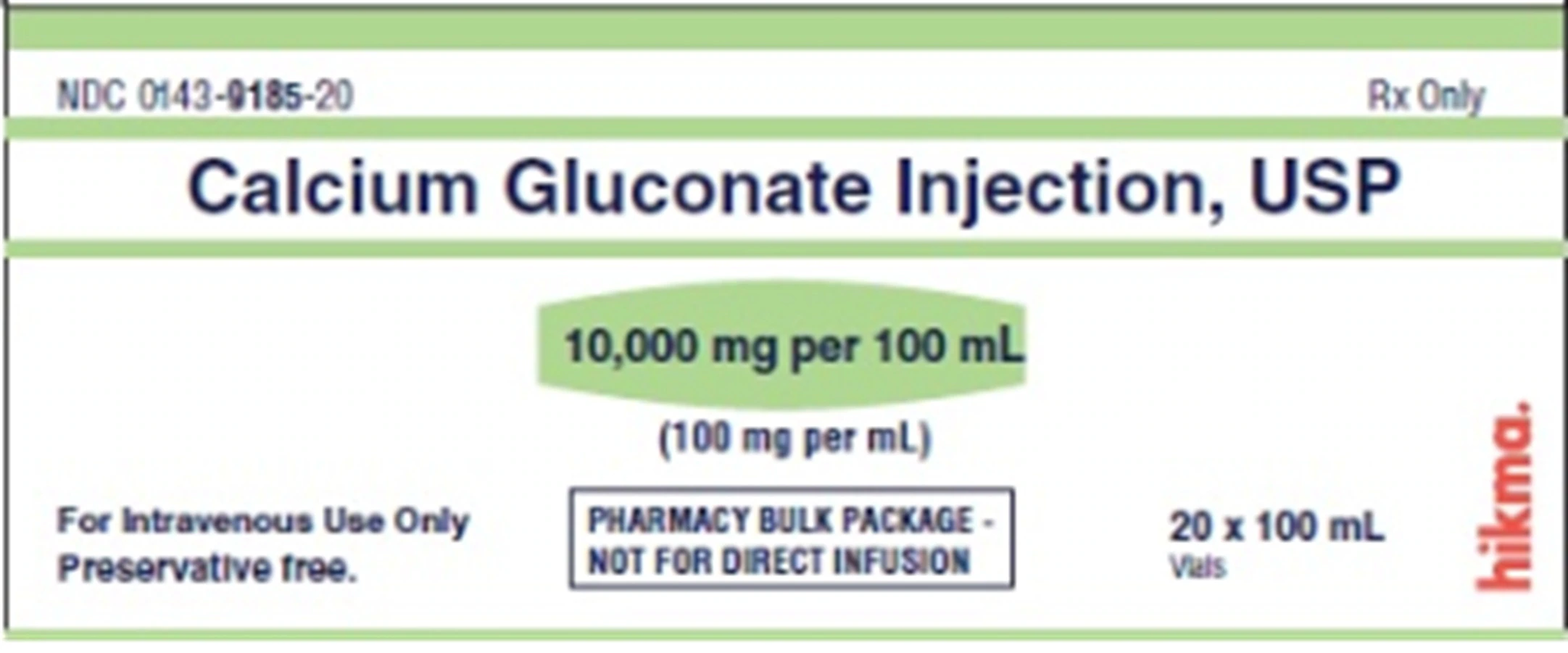 Calcium Gluconate Injection 100mg/mL Pharmacy Bulk Pack, 100mL, 20/Package