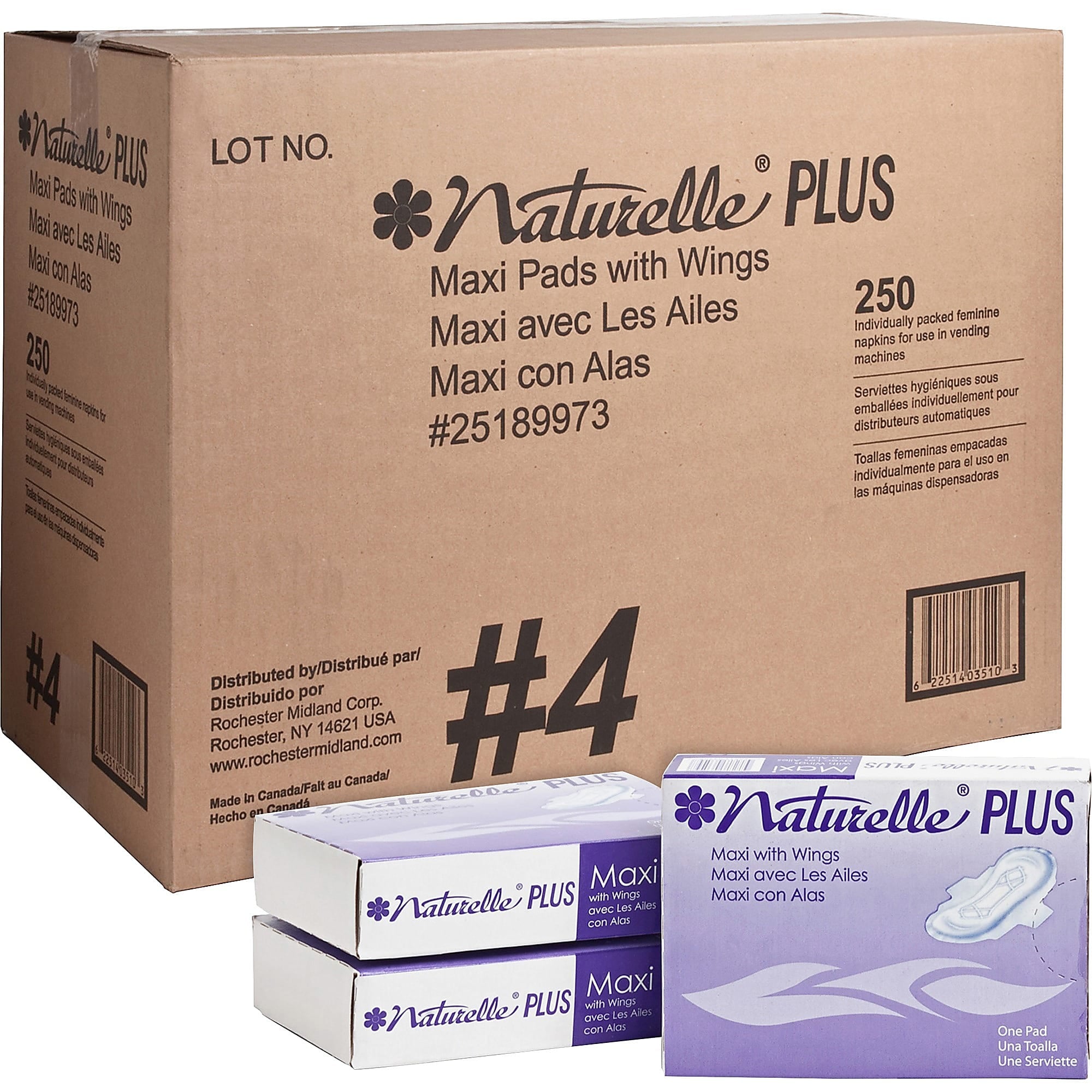Naturelle Plus Sanitary Napkin Pads, Maxi, With Wings, Individually Wrapped, 250/Case