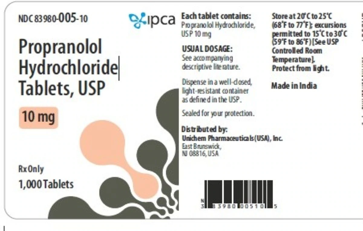 Propranolol HCl Tablets, 10mg, 1000/Bottle, Unichem Pharmaceuticals