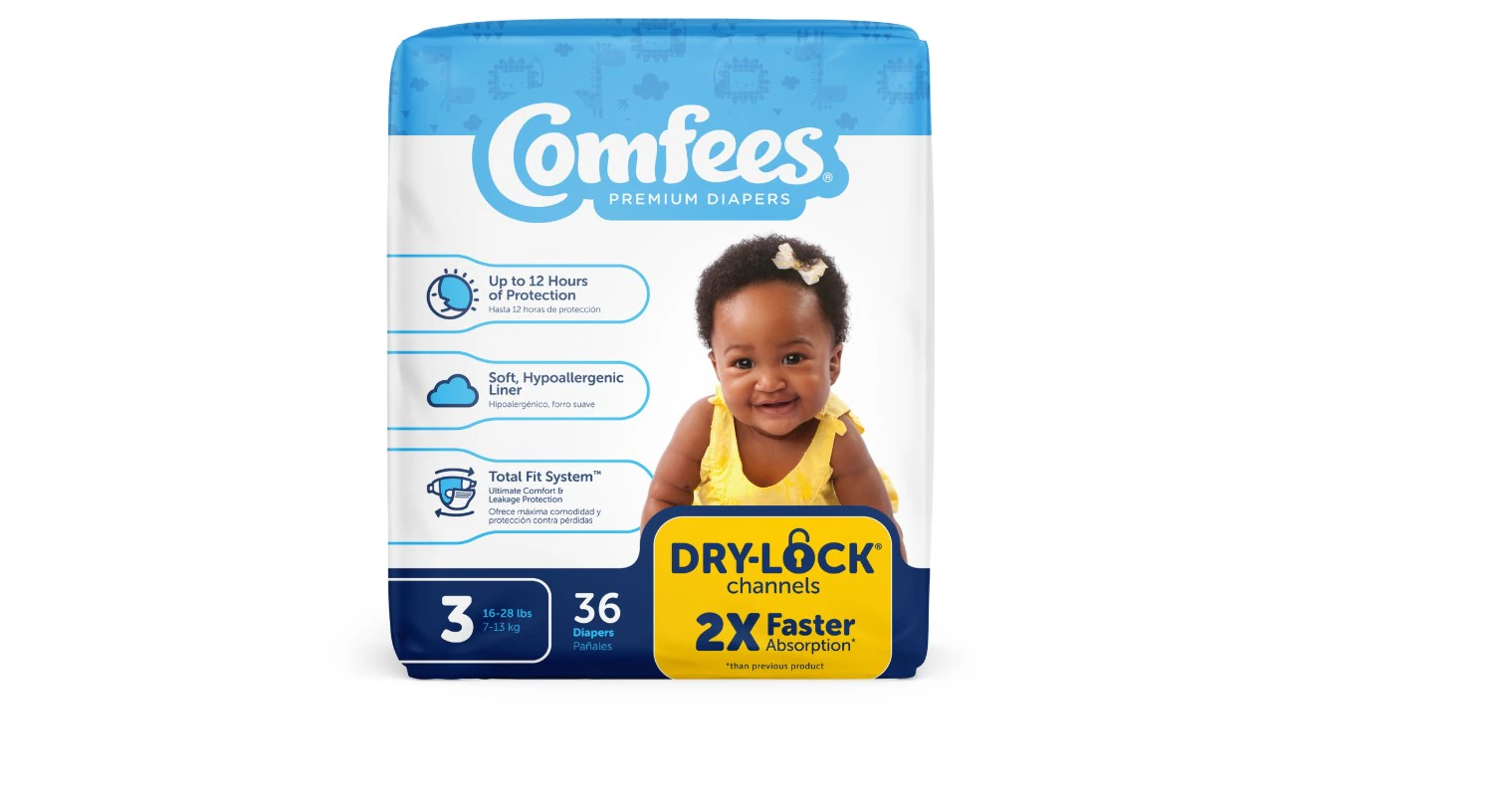 Comfees Baby Diapers, Size 3 (16-28 lbs), Ultra Absorbent, Disposable, Fragrance Free, Unisex, Hypoallergenic, 144/Case