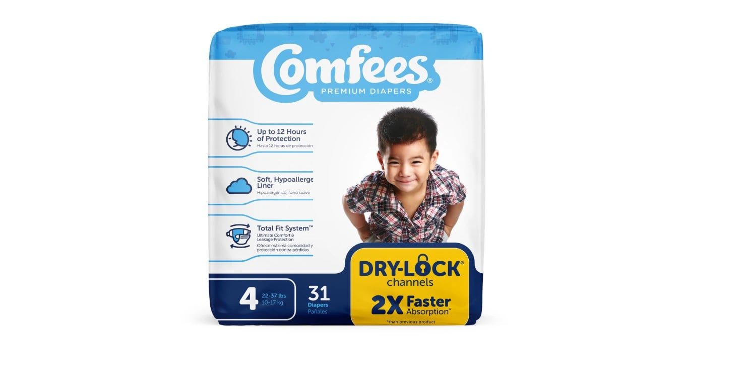 Comfees Baby Diapers, Size 4 (22-37 lbs), Ultra Absorbent, Disposable, Fragrance Free, Unisex, Hypoallergenic, 124/Case