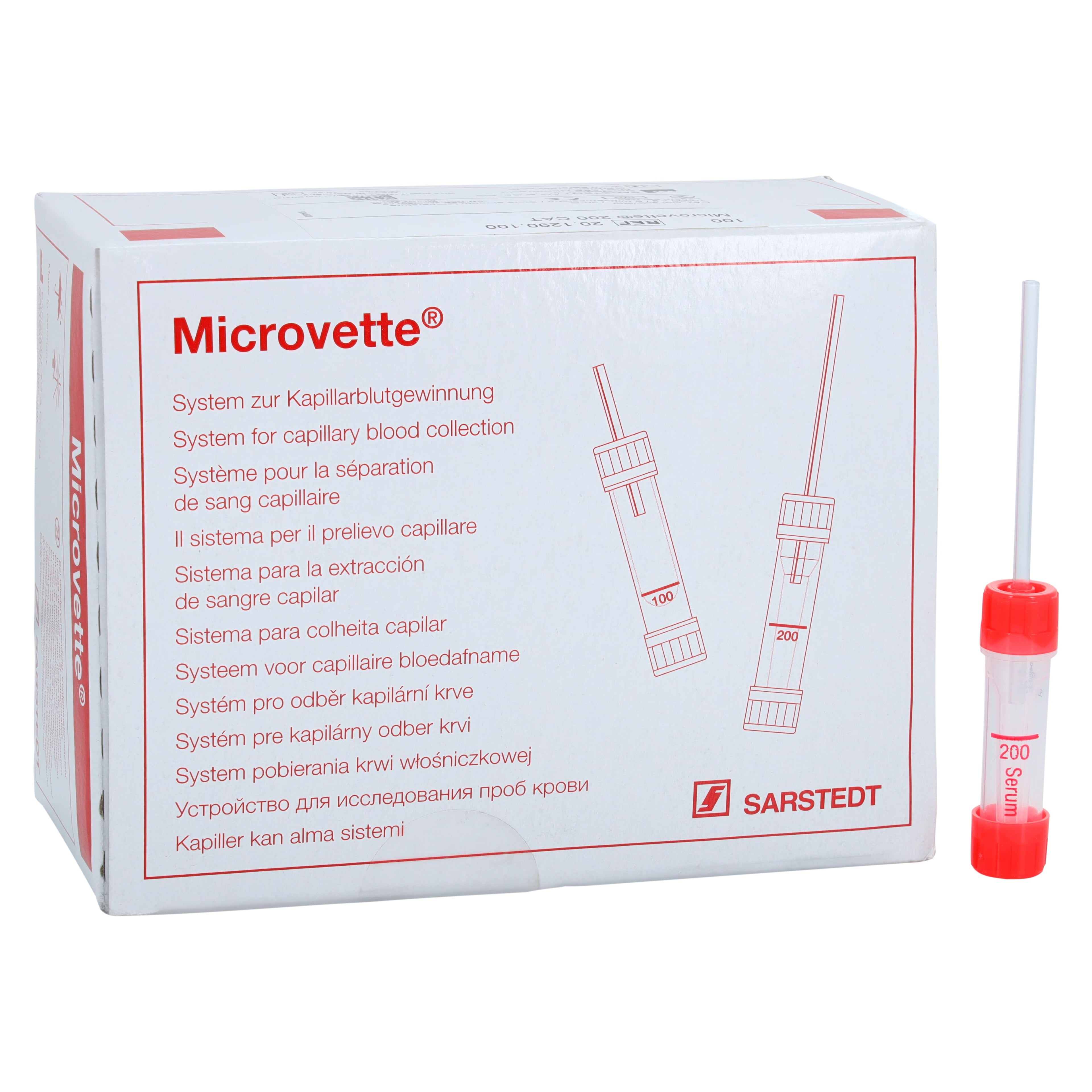 Sarstedt Microvette 200 µL Capillary Blood Collection Tube, Serum CAT, Red Cap, Polypropylene/HDPE, 100/Box