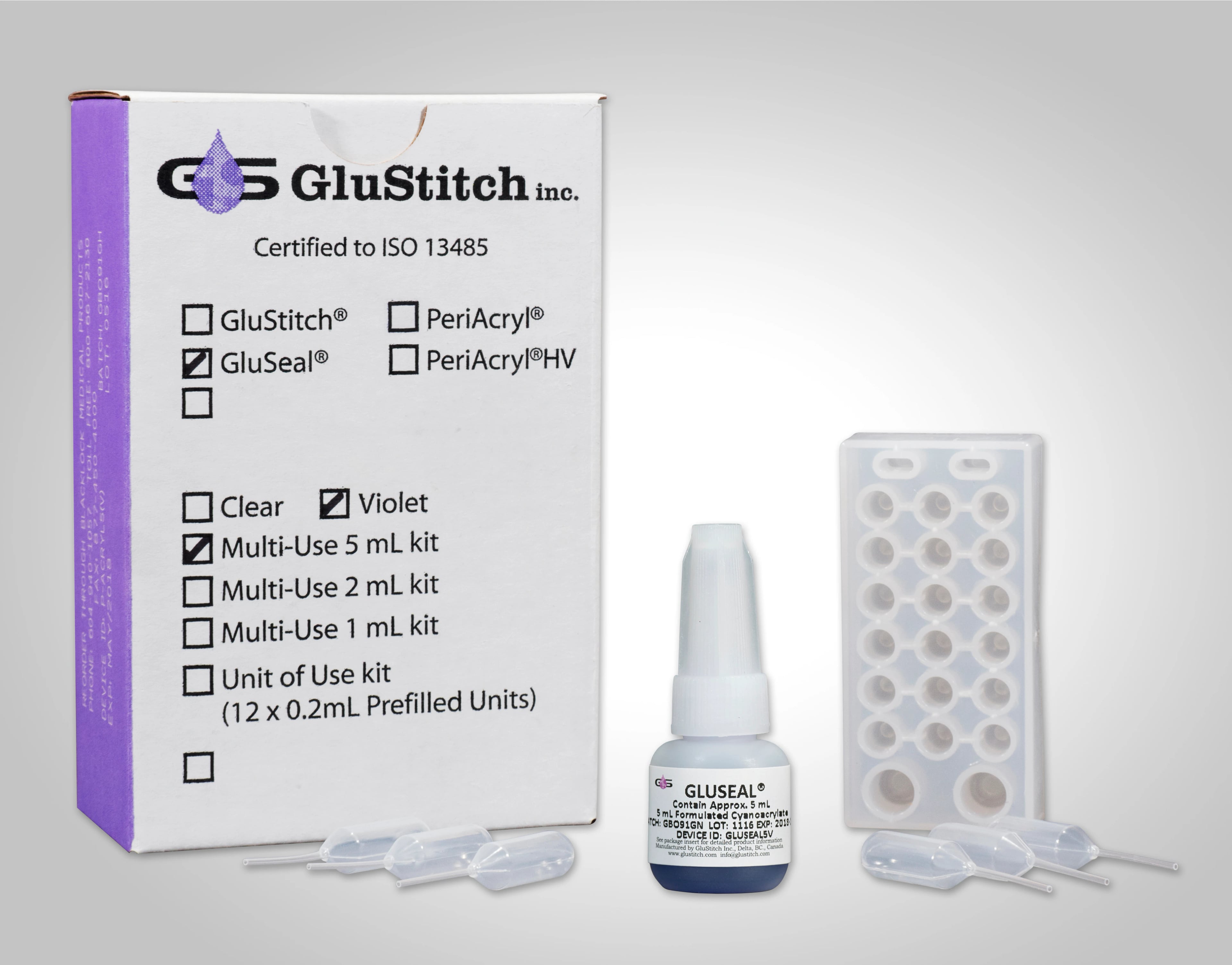 GluSeal Liquid Adhesive Bandage, n-Butyl Cyanoacrylate/2-Octyl Cyanoacrylate, 5 mL, Violet, Each