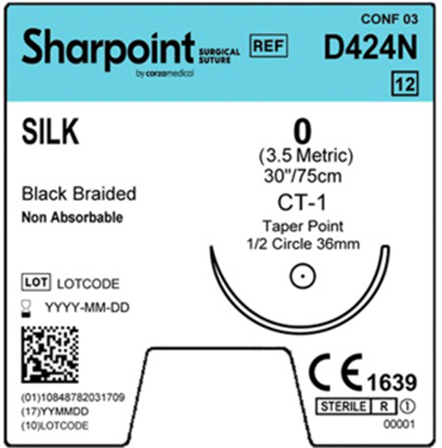Sharpoint Silk Braided Suture, Size 0, 30" Length, CT-1 Taper Point 1/2 Circle Needle 36mm, Black, 12/Box