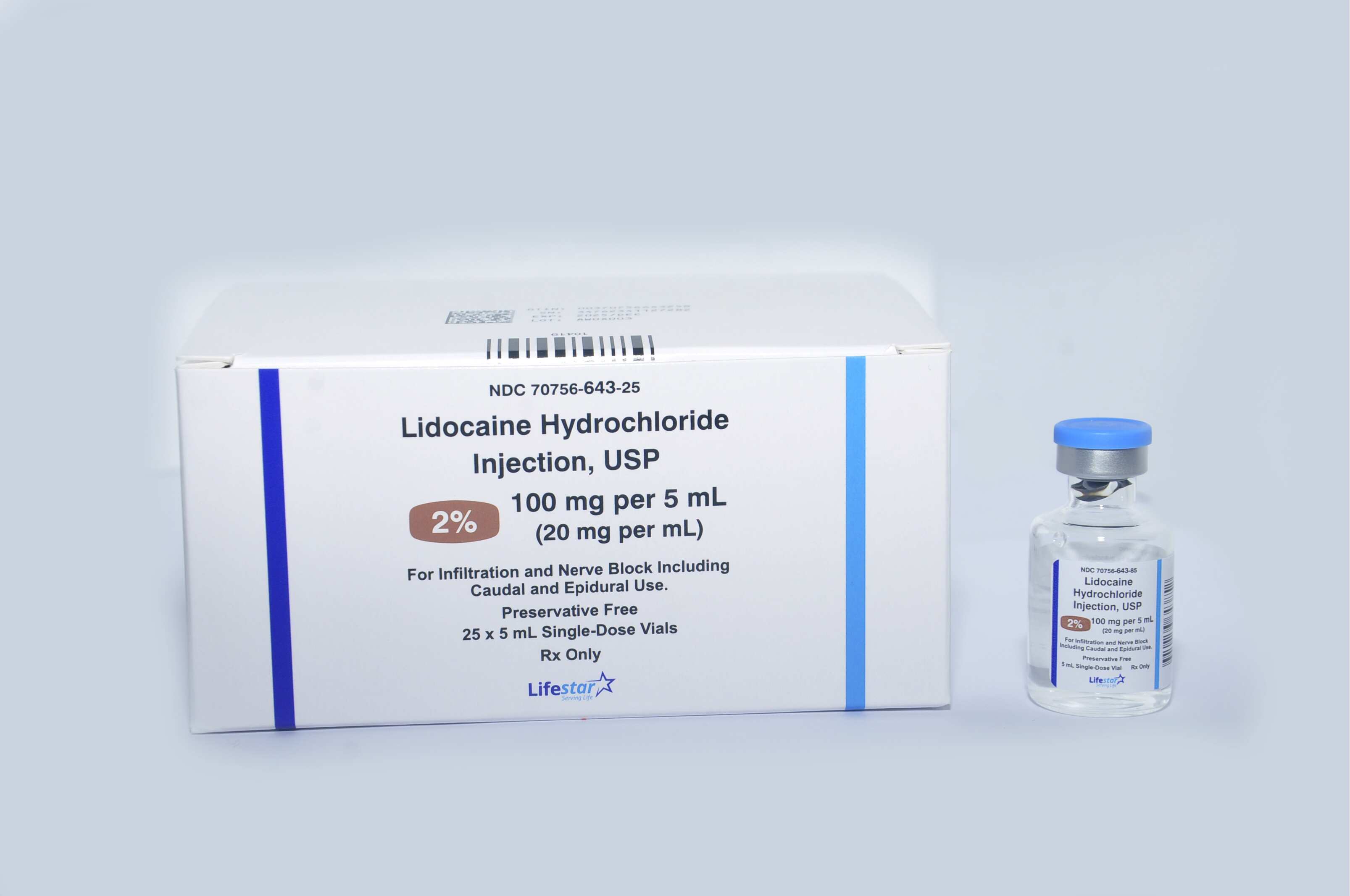 Lidocaine HCl Injection 2% SDV 5mL, 25/Package