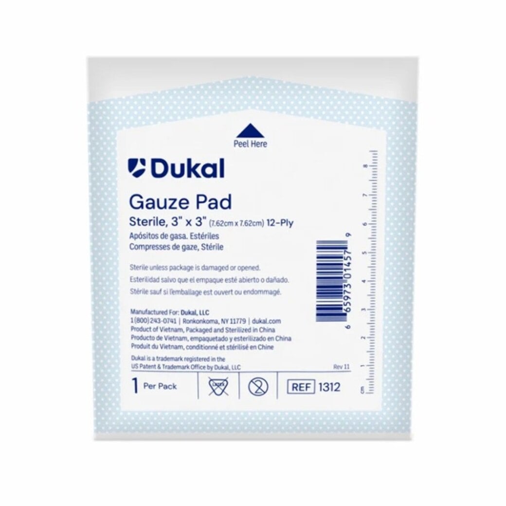 Dukal 100% Woven Cotton Gauze Pad, 3x3", 12 Ply, Sterile, 1 Each