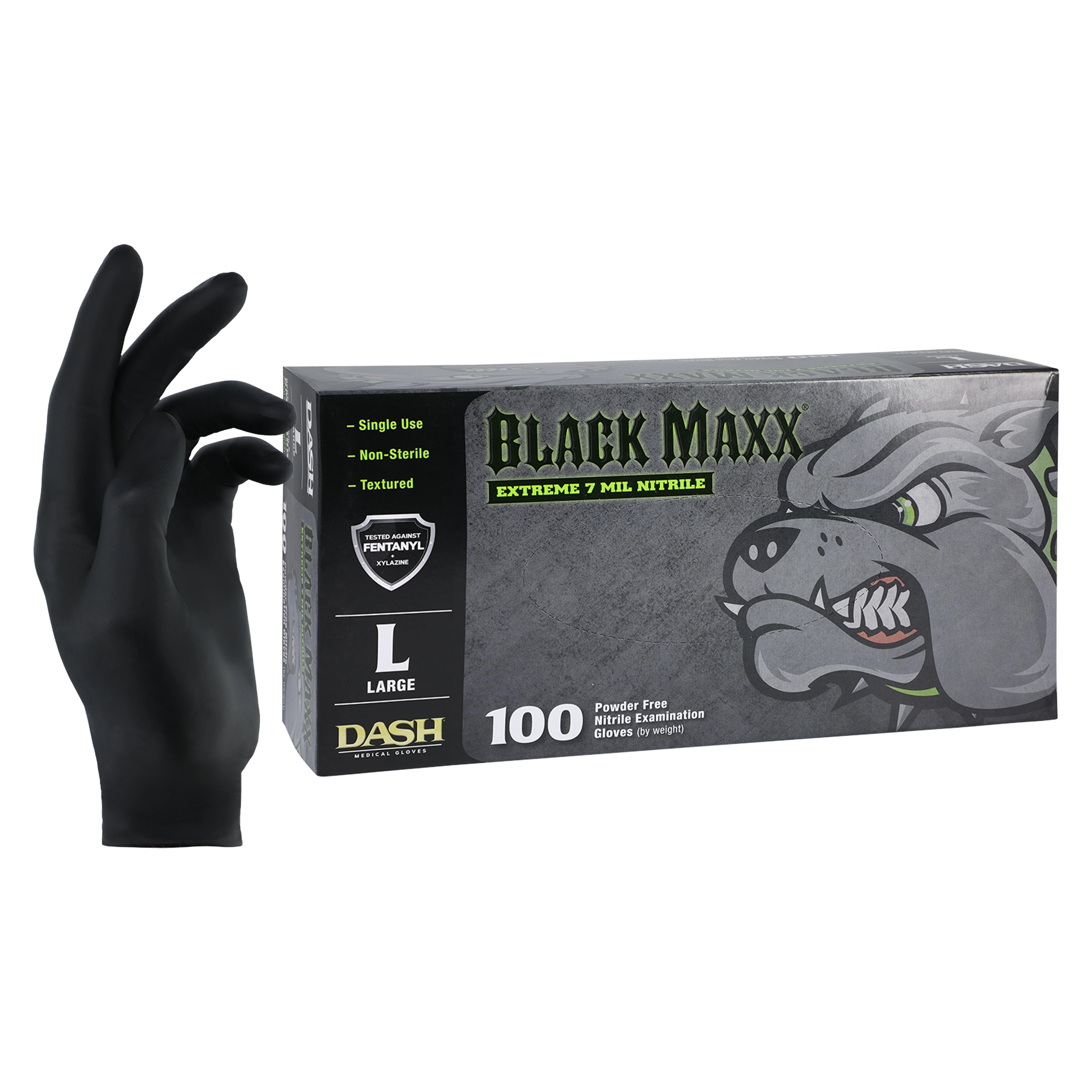 Black Maxx® Extreme Nitrile Exam Gloves, Large, Black, Powder-Free, Non-Sterile, Textured, 100/Box, Case of 10 Boxes