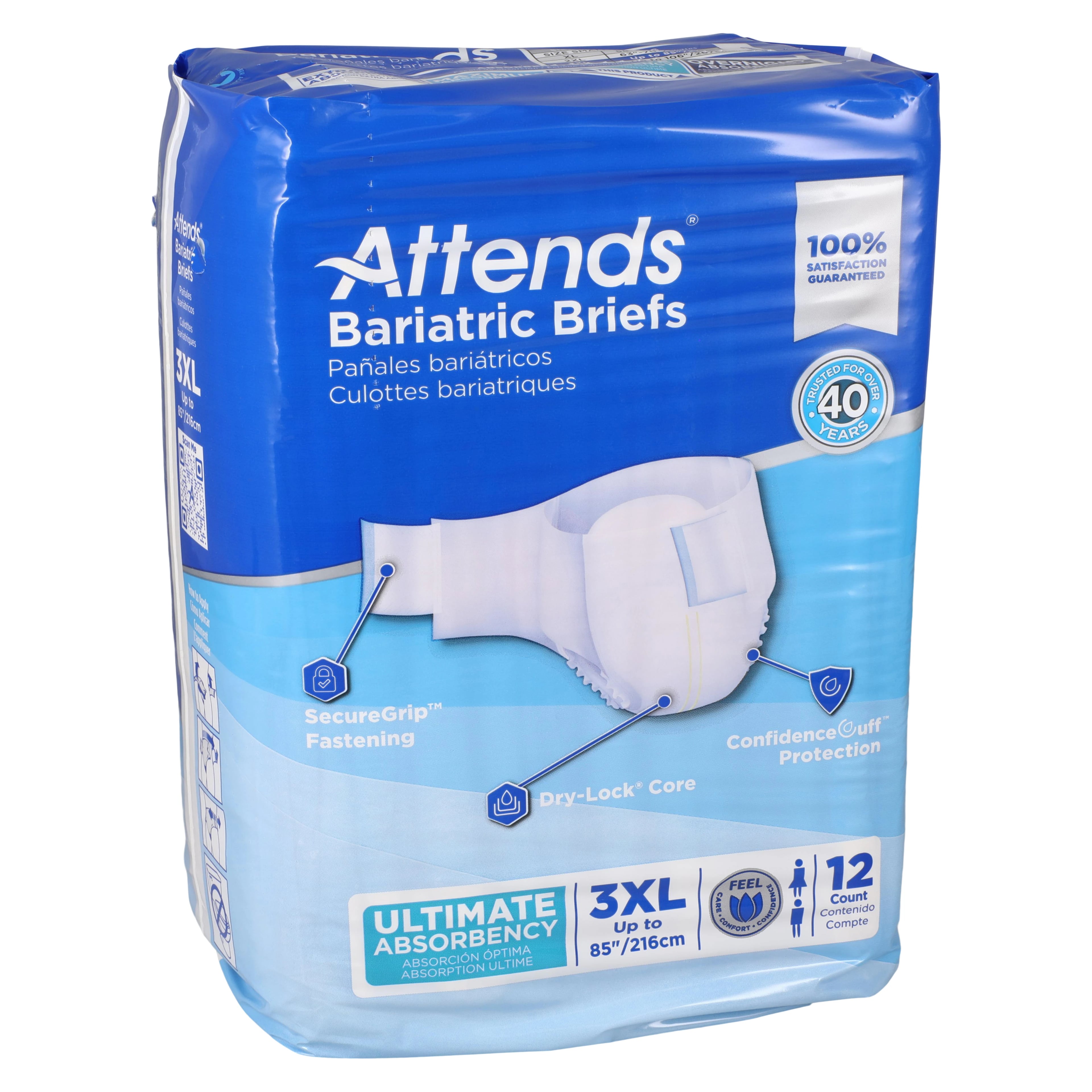 Attends Healthcare Incontinence Briefs, Bariatric 3XL, Unisex, Up to 85" Waist, Super Absorbent, Tab Closure, 48/Case