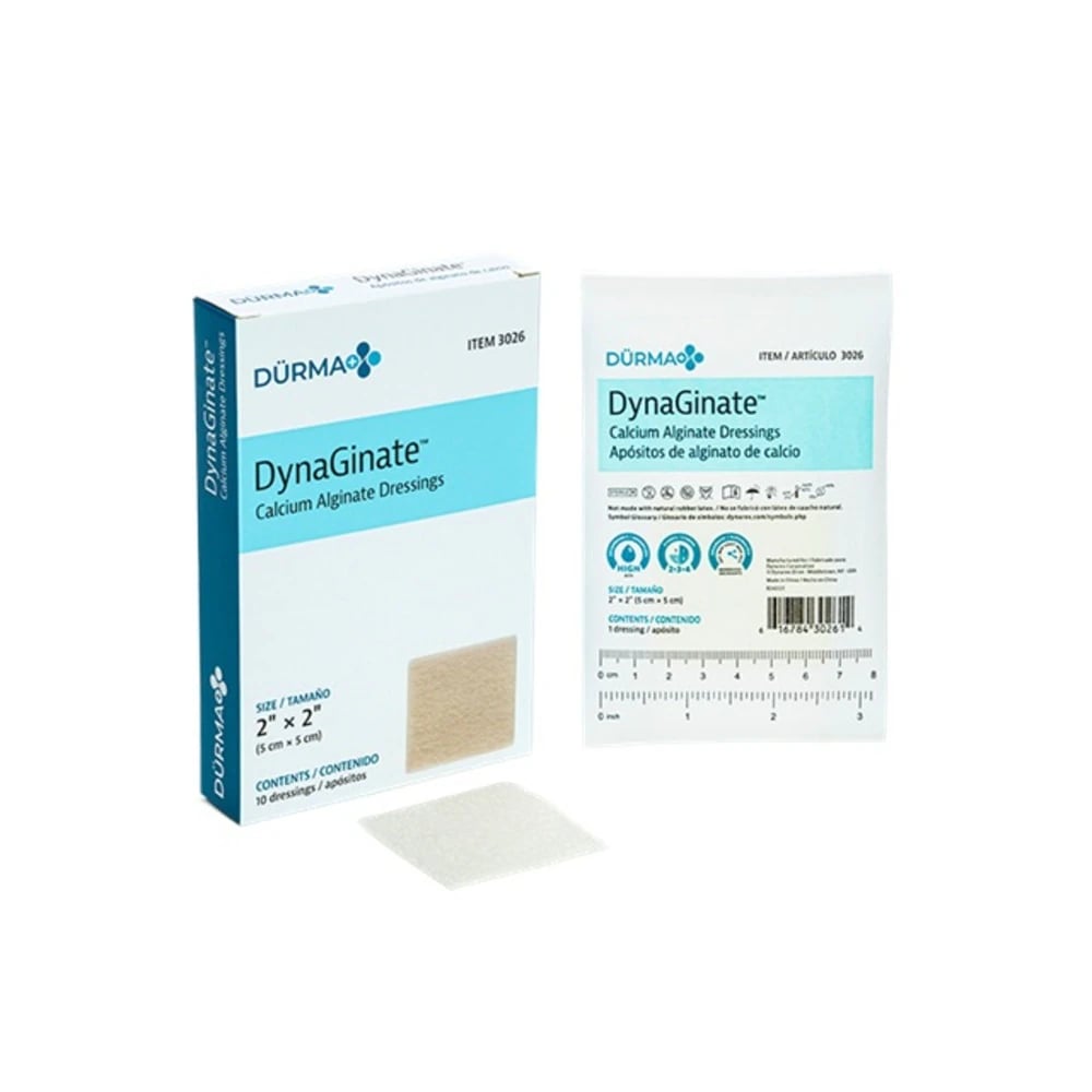 Dynarex DynaGinate Calcium Alginate Dressing, 2" x 2", Sterile, Non-Adhesive, Conforming, High Absorbency, Latex-Free