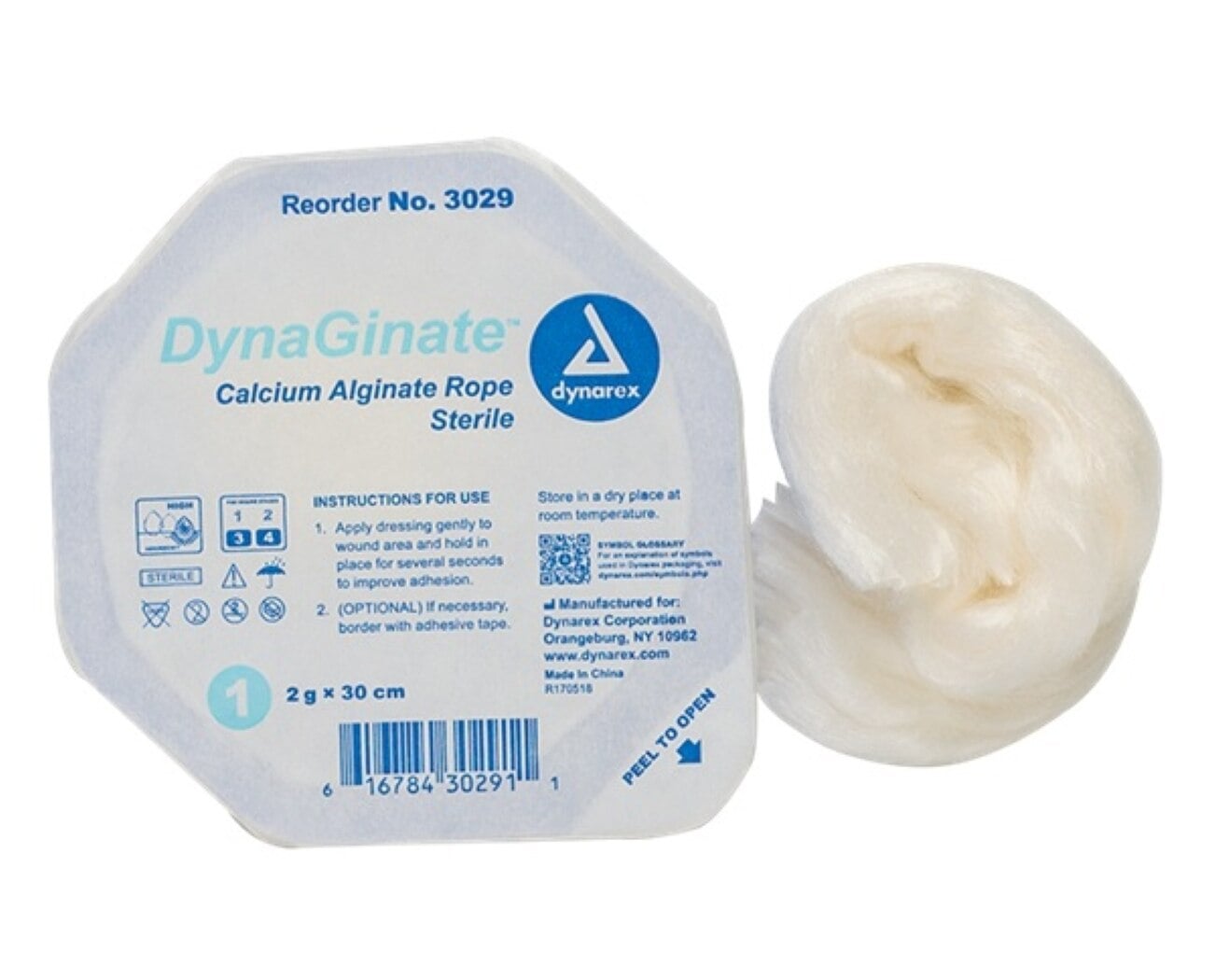 DynaGinate Calcium Alginate Rope Dressing, Sterile, 30 cm, Non-Adhesive, Conforming, High Absorbency, Latex-Free