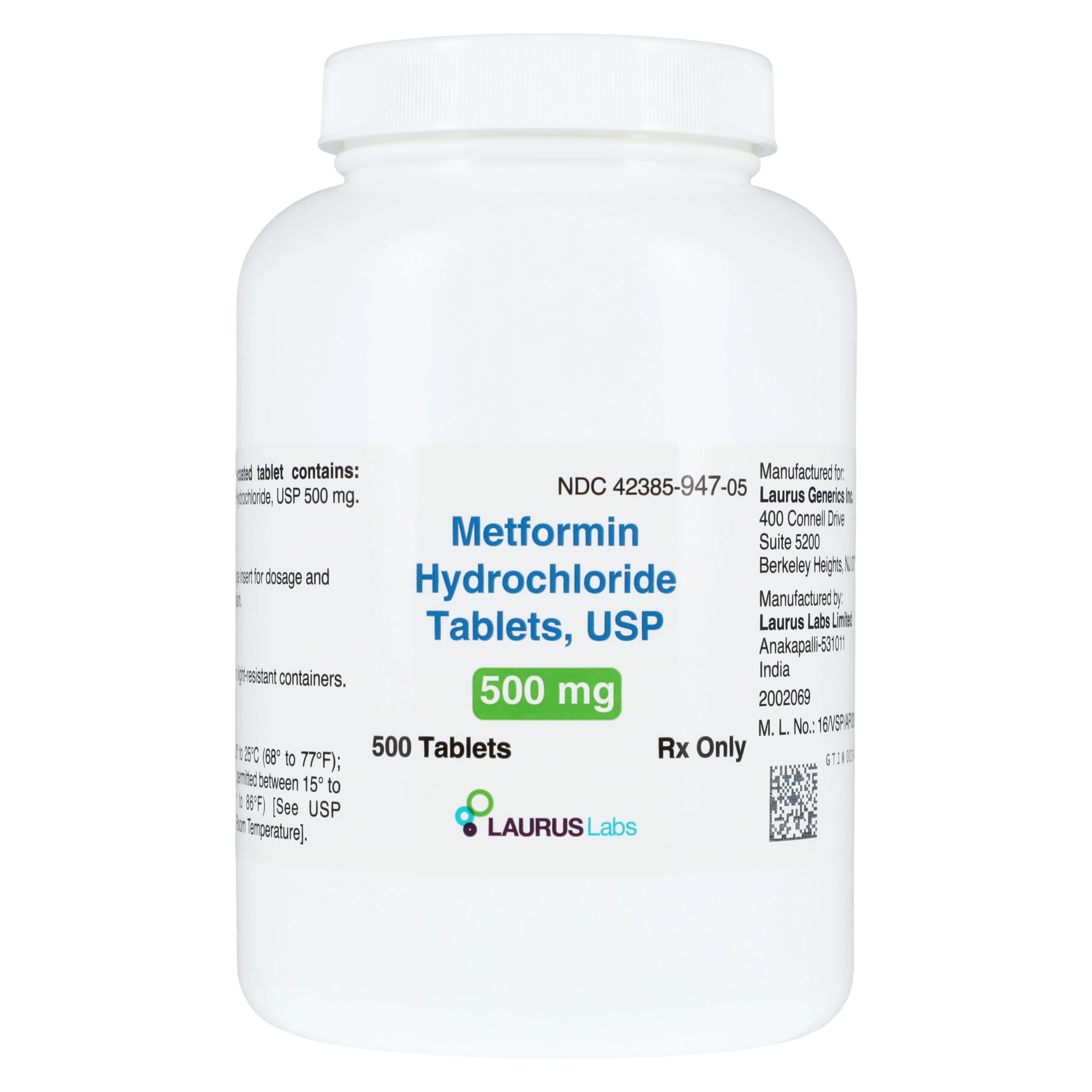 Metformin HCl Tablets 500mg, 500 Count Bottle, Laurus Lab