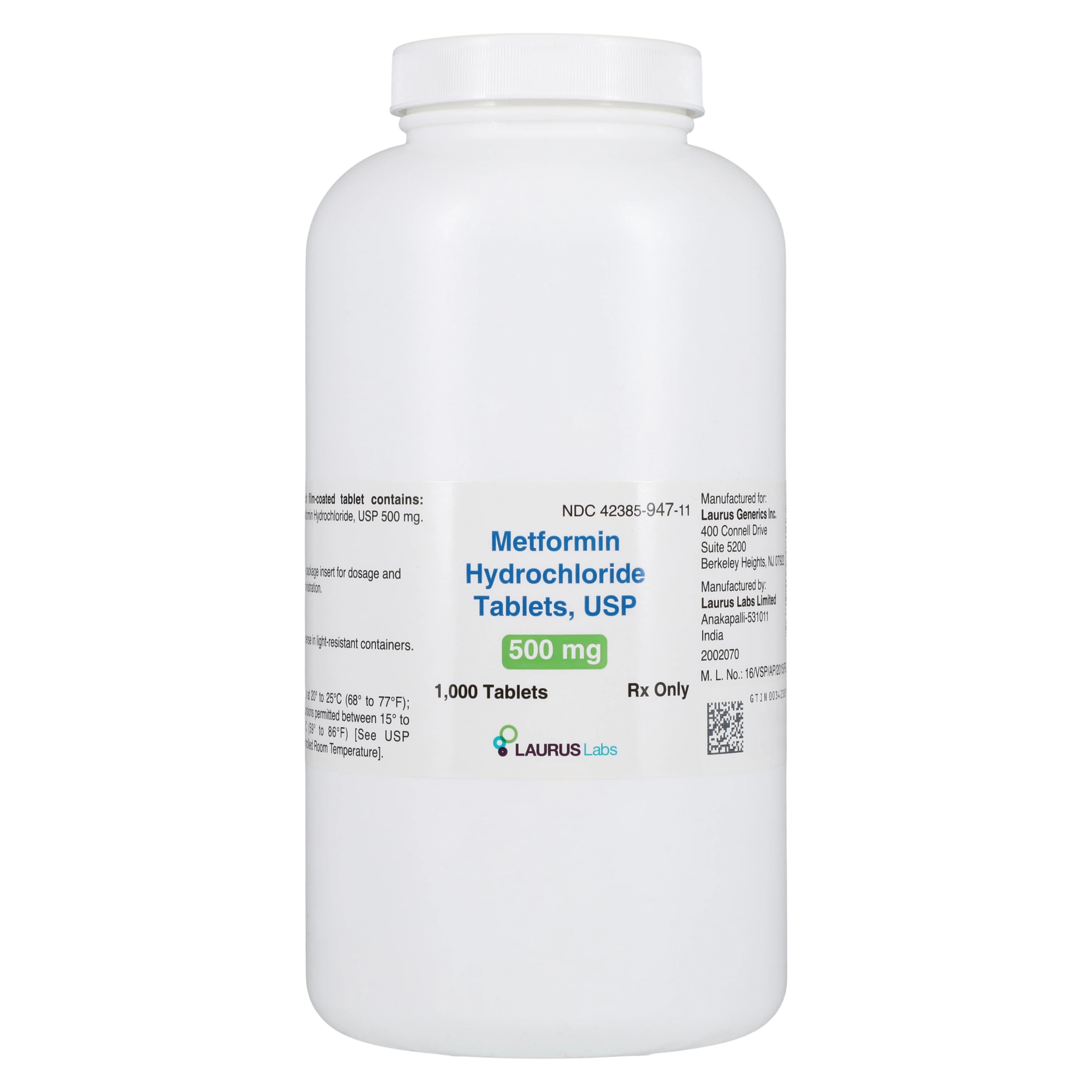 Metformin HCl Tablets 500mg, 1000/Bottle, Laurus Lab