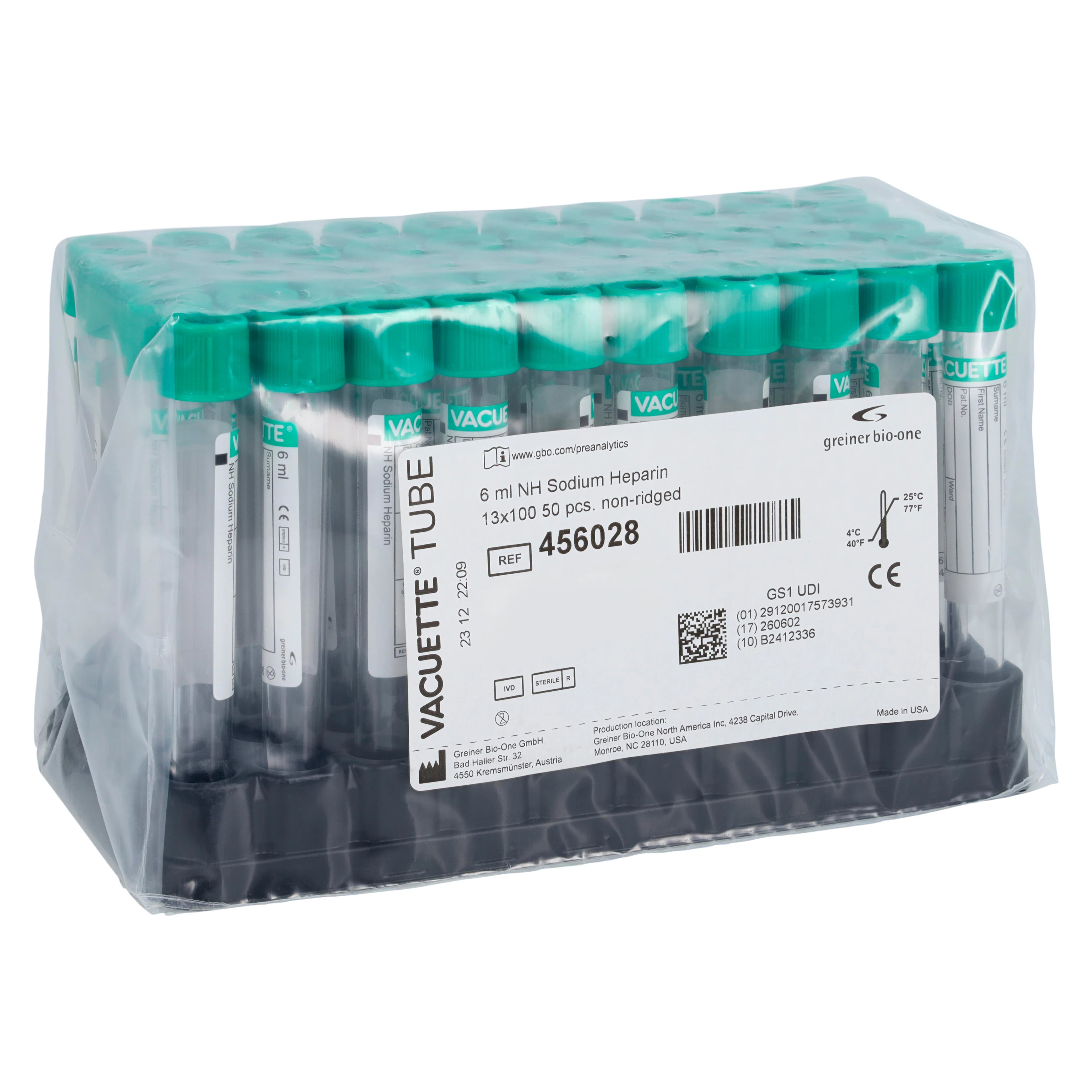 Vacuette Blood Collection Tube, Sodium Heparin, Green Cap, 6 mL, Sterile, 50/Pk