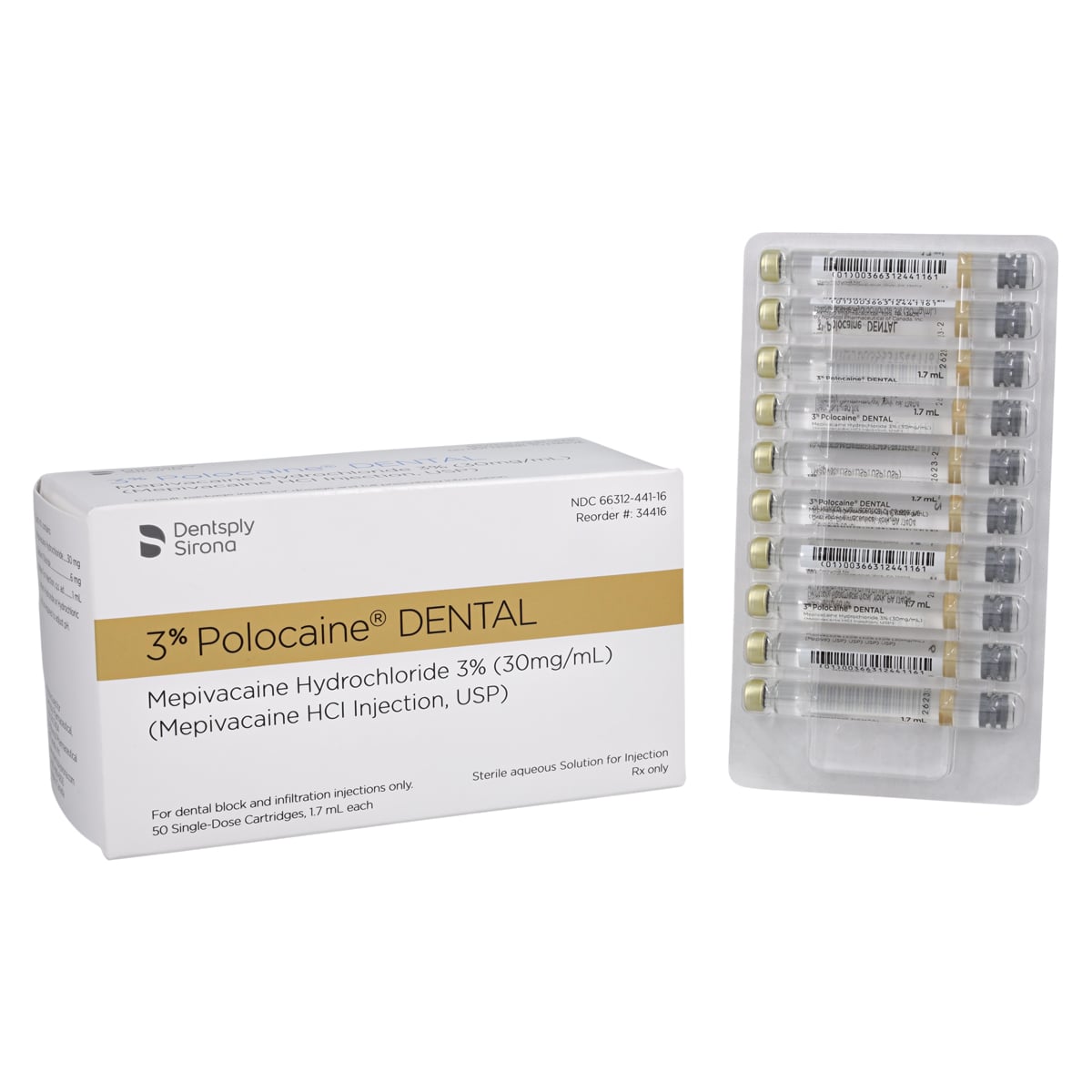 Polocaine 3% Mepivacaine HCl Dental Injection, Plain (No Vasoconstrictor), 1.7 mL Cartridges, 50/Box, 34416