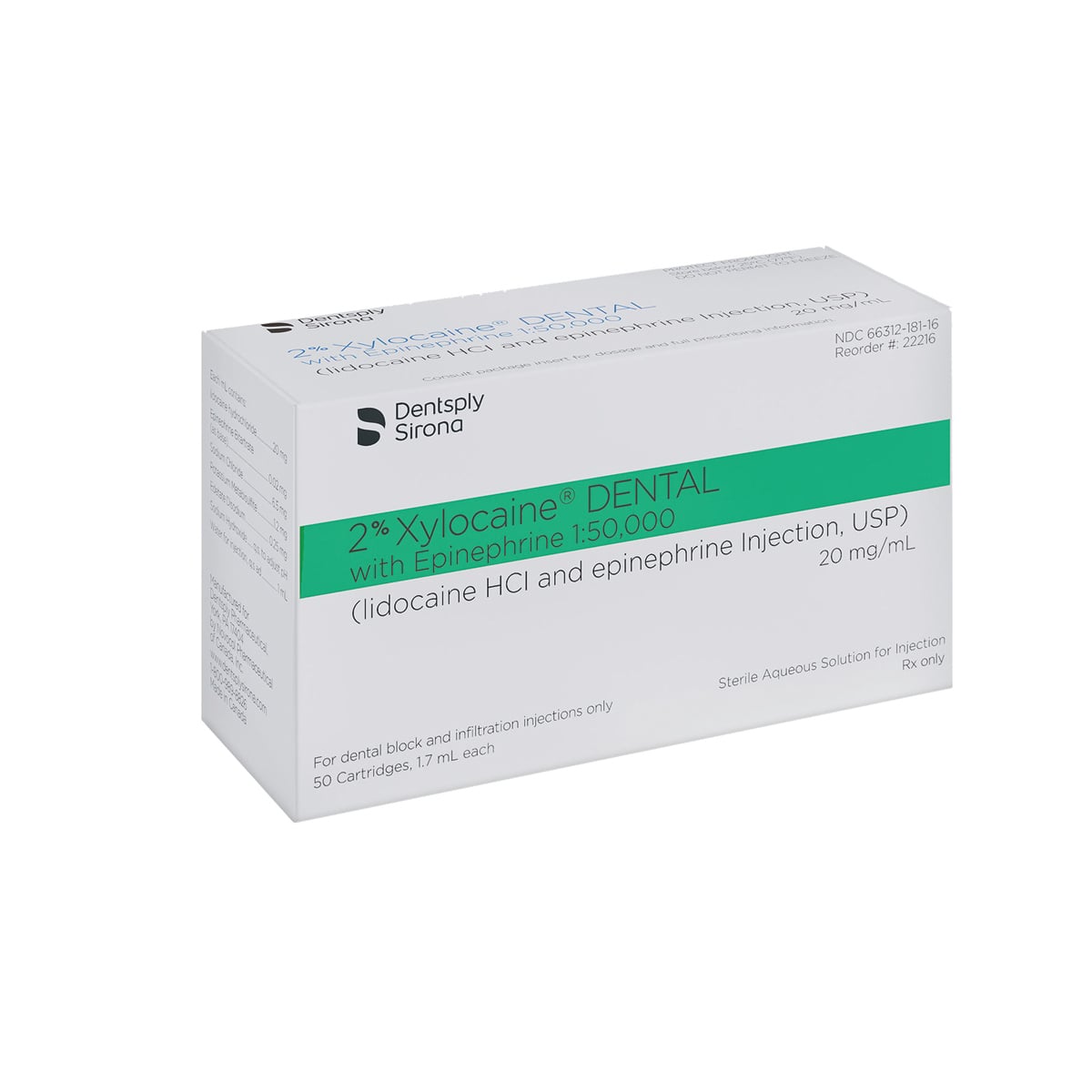 Xylocaine 2% Lidocaine HCl with Epinephrine 1:50,000 Dental Anesthetic Cartridges, 1.7 mL, Green, 50/Box, 22216