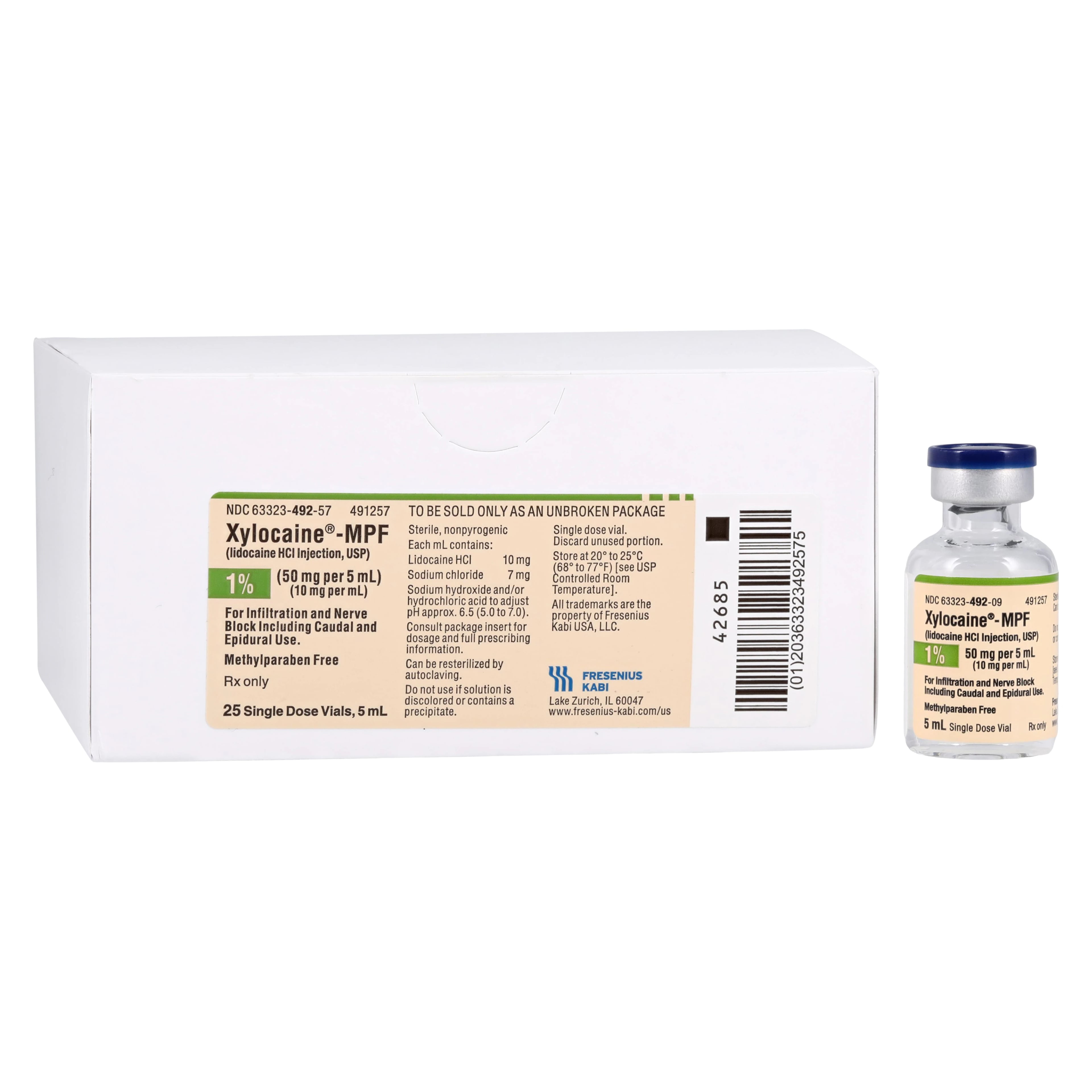 Xylocaine (Lidocaine HCl) 1% MPF Injection, Preservative-Free, Single-Dose Vial, 5 mL, 25/Pkg