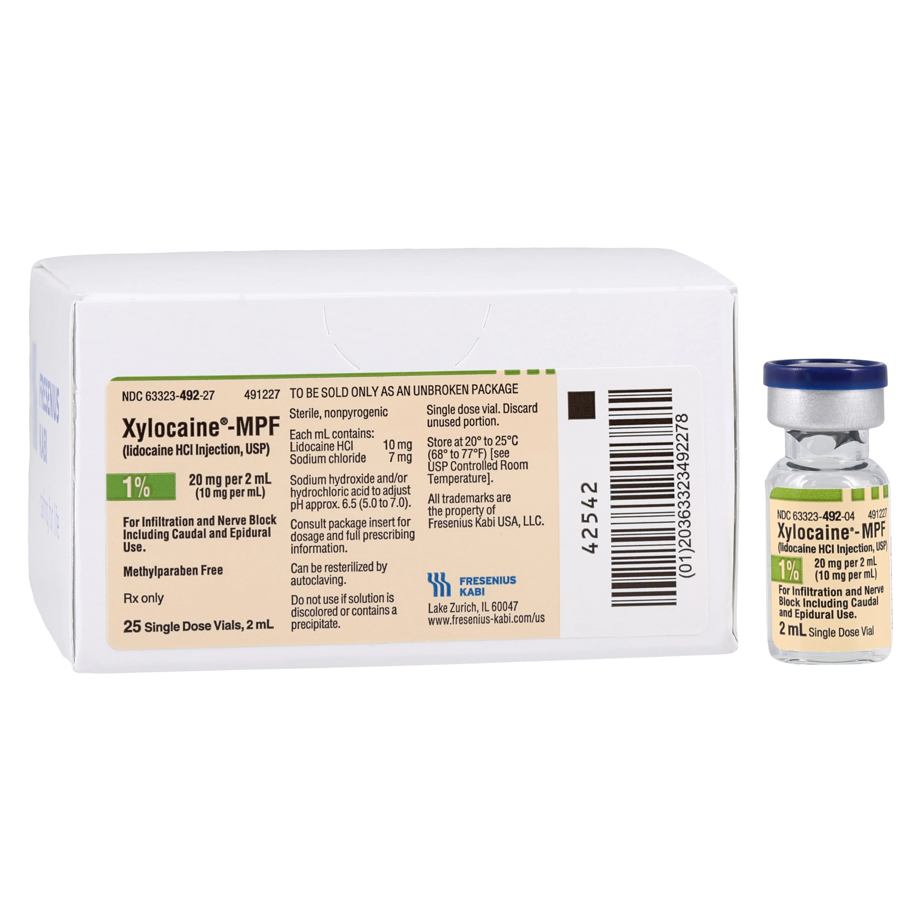 Xylocaine (Lidocaine HCl) 1% MPF Injection, Preservative-Free, 2 mL Single-Dose Vial, 25/Pkg