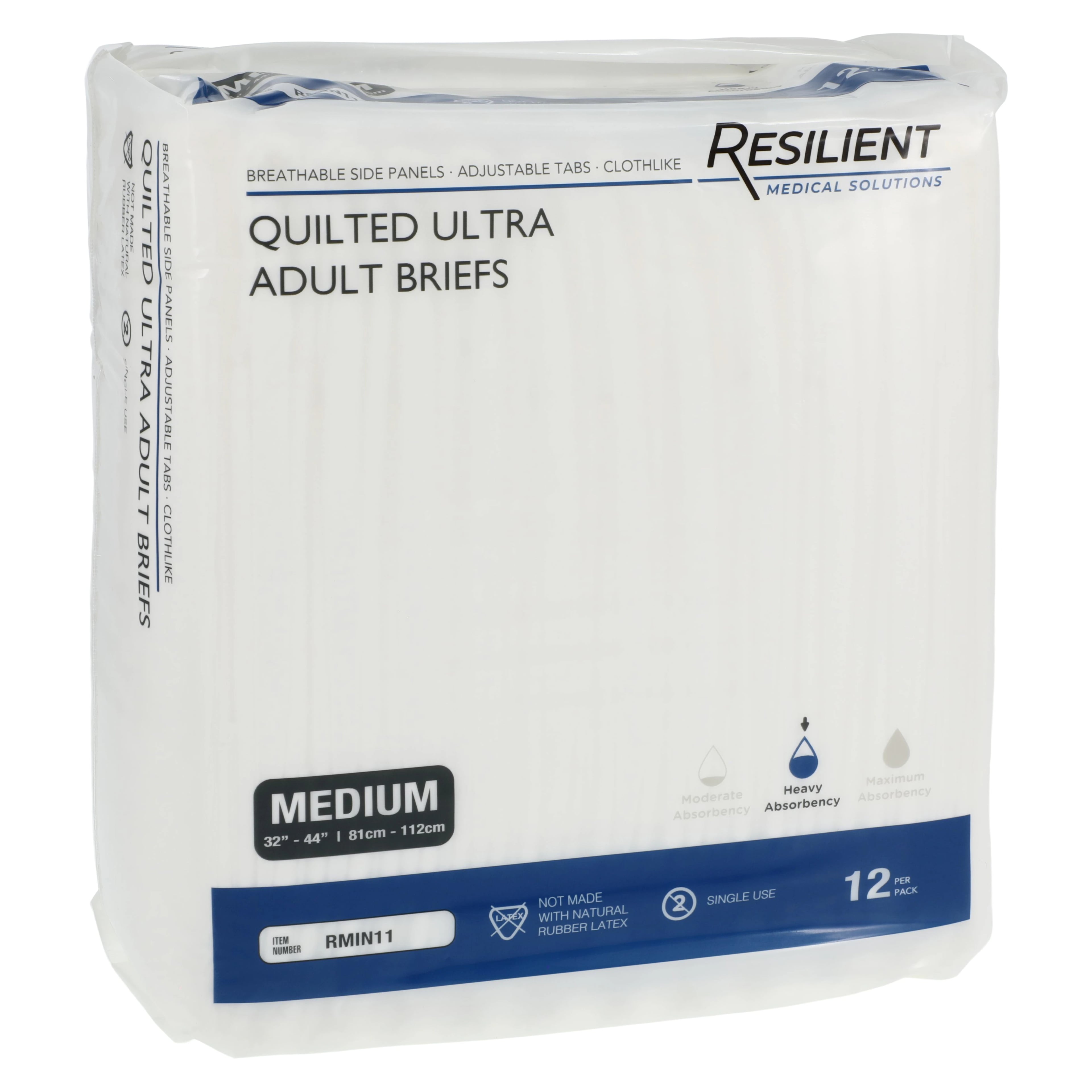Resilient Medical Solutions Quilted Adult Brief, Medium, White, Super Absorbent, Refastenable Tabs, 96/Case