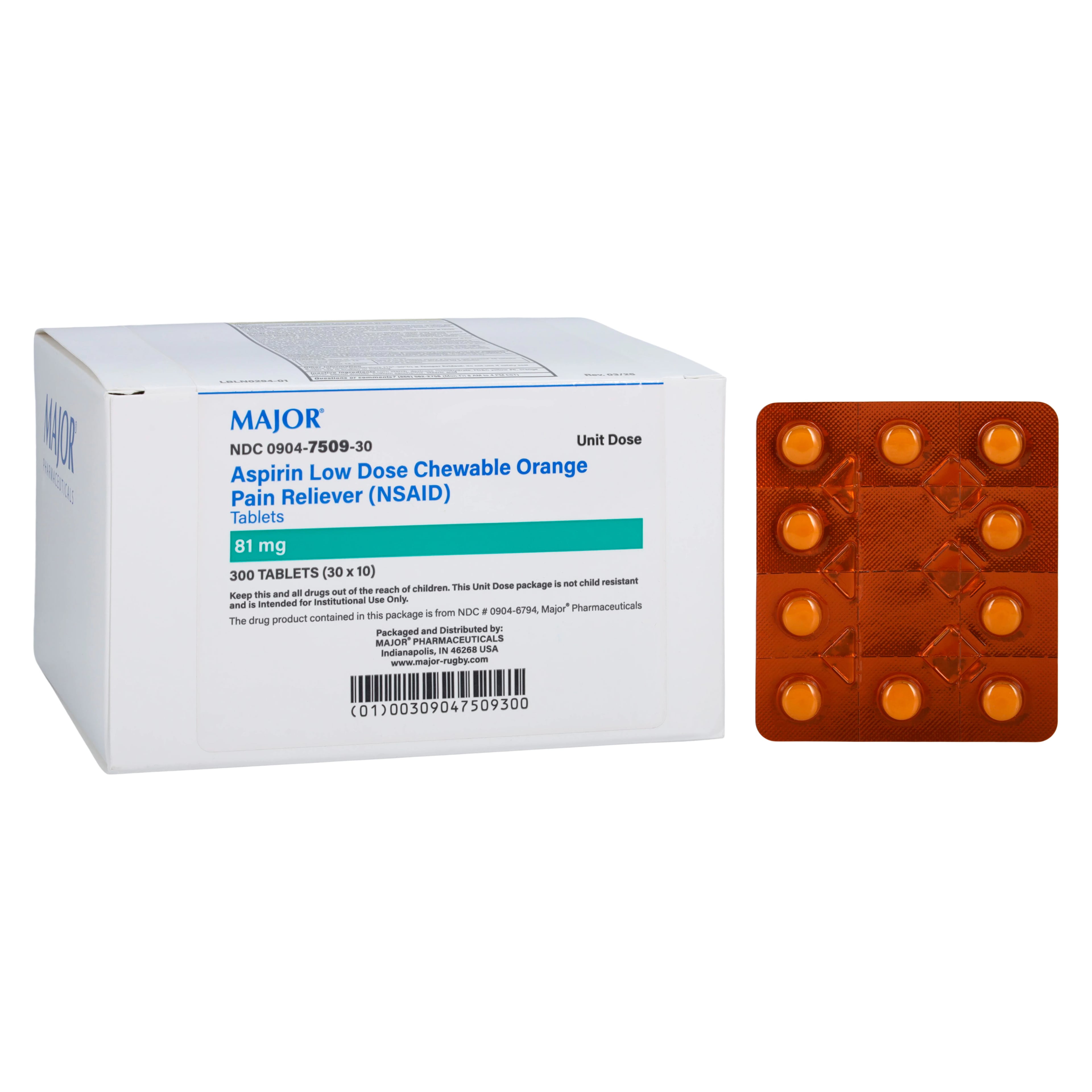 Major Pharmaceuticals Aspirin Chewable Tablets, 81 mg, Unit Dose Blister Pack, 300/Package
