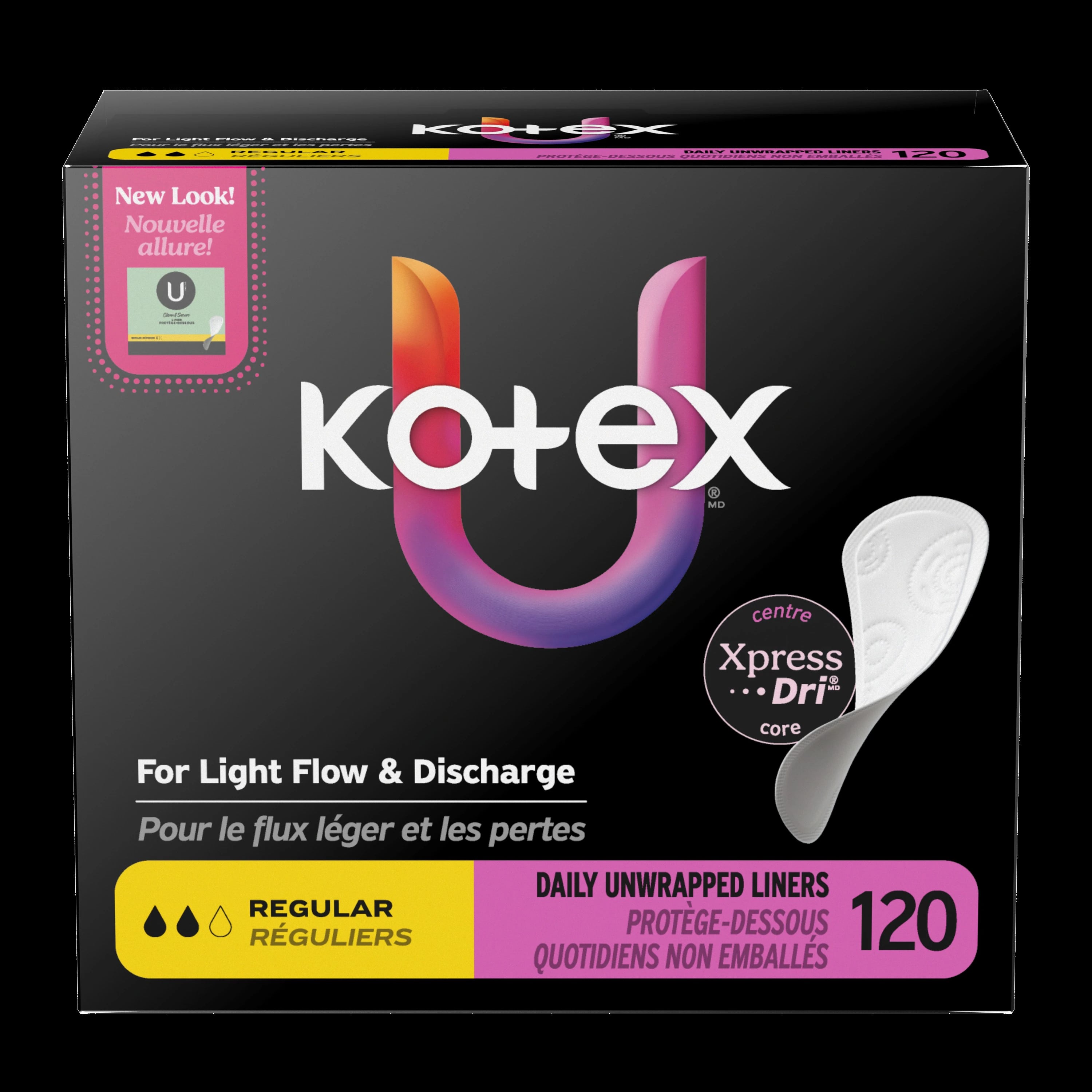 Kotex U Panty Liner, Regular Light, White, Disposable, Fragrance Free, Latex-Free, 120/Pk