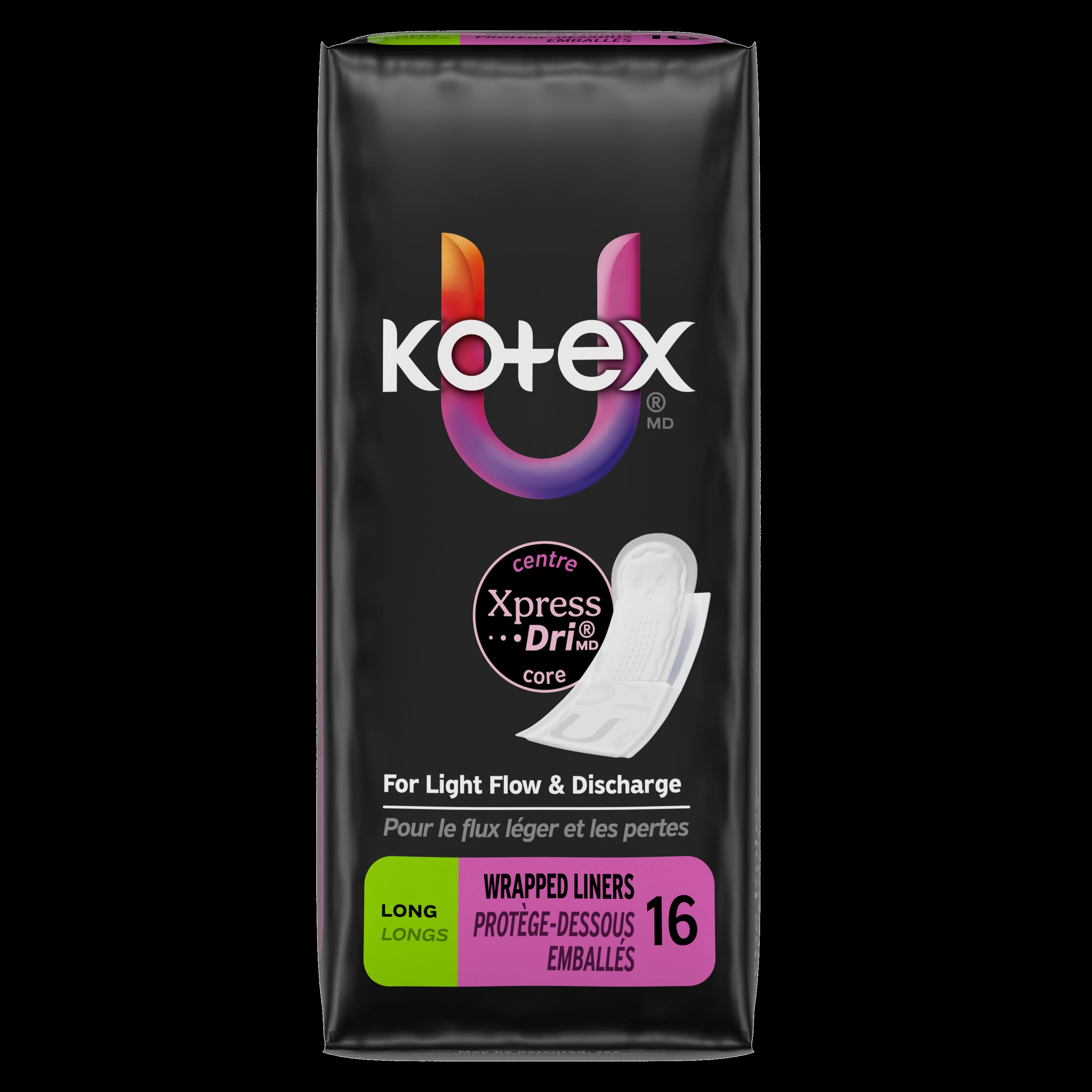 Kotex Premium Panty Liner Long, White, Disposable, Fragrance Free, Latex-Free, 16/Pk