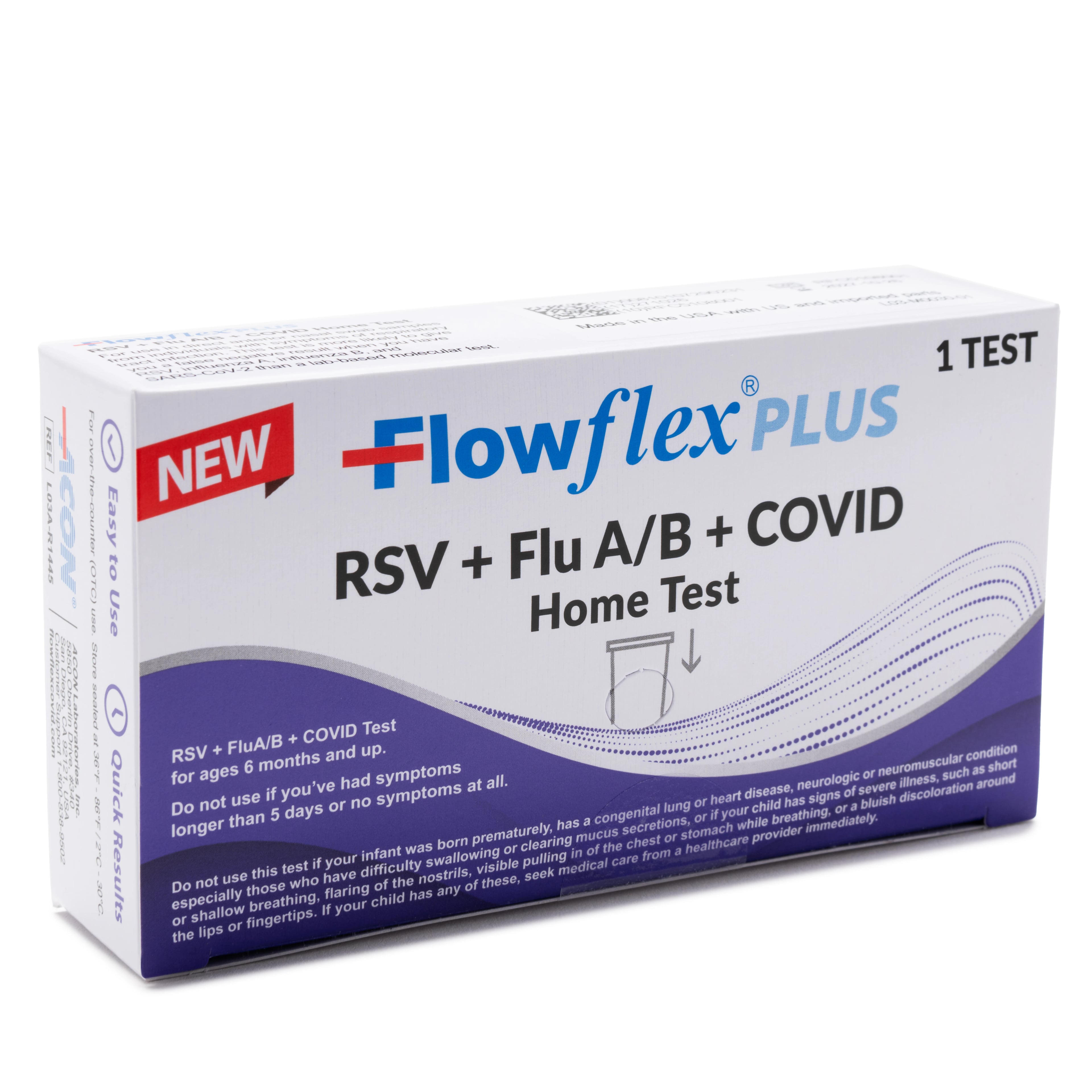 Flowflex Plus RSV/Flu A/B/COVID-19 Antigen Home Test, CLIA Waived, Ages 6 Months and Up, 48 Tests/Case
