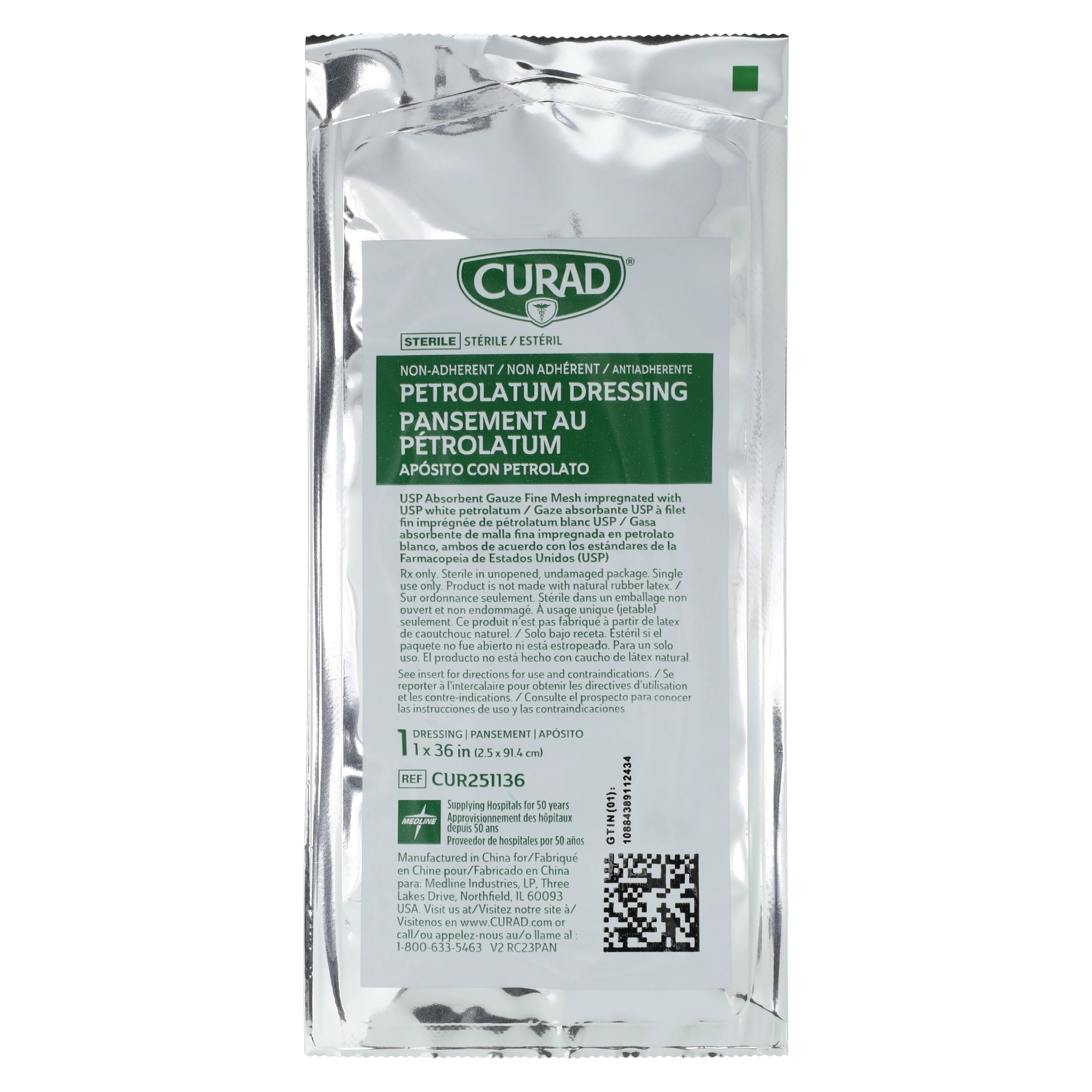 Curad White Petrolatum Gauze Dressing, Sterile, 1" x 36", Cotton, Latex-Free
