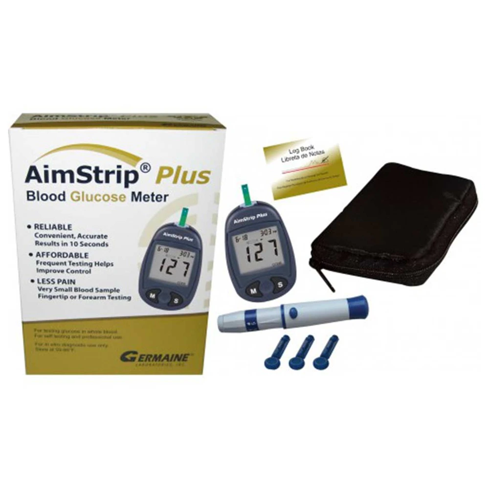 AimStrip Plus Blood Glucose Meter Kit, CLIA Waived, with Meter, 10 Sterile Lancets, Clear Cap, Carrying Case, User's Manual, Logbook, Warranty Card, Quick Reference Guide