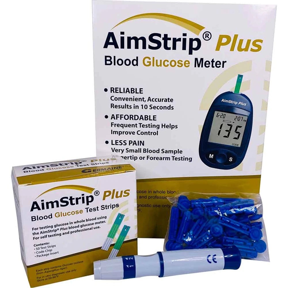 AimStrip Plus Blood Glucose Meter Starter Pack, CLIA Waived, with 10 Lancets, Carry Case, and Manual