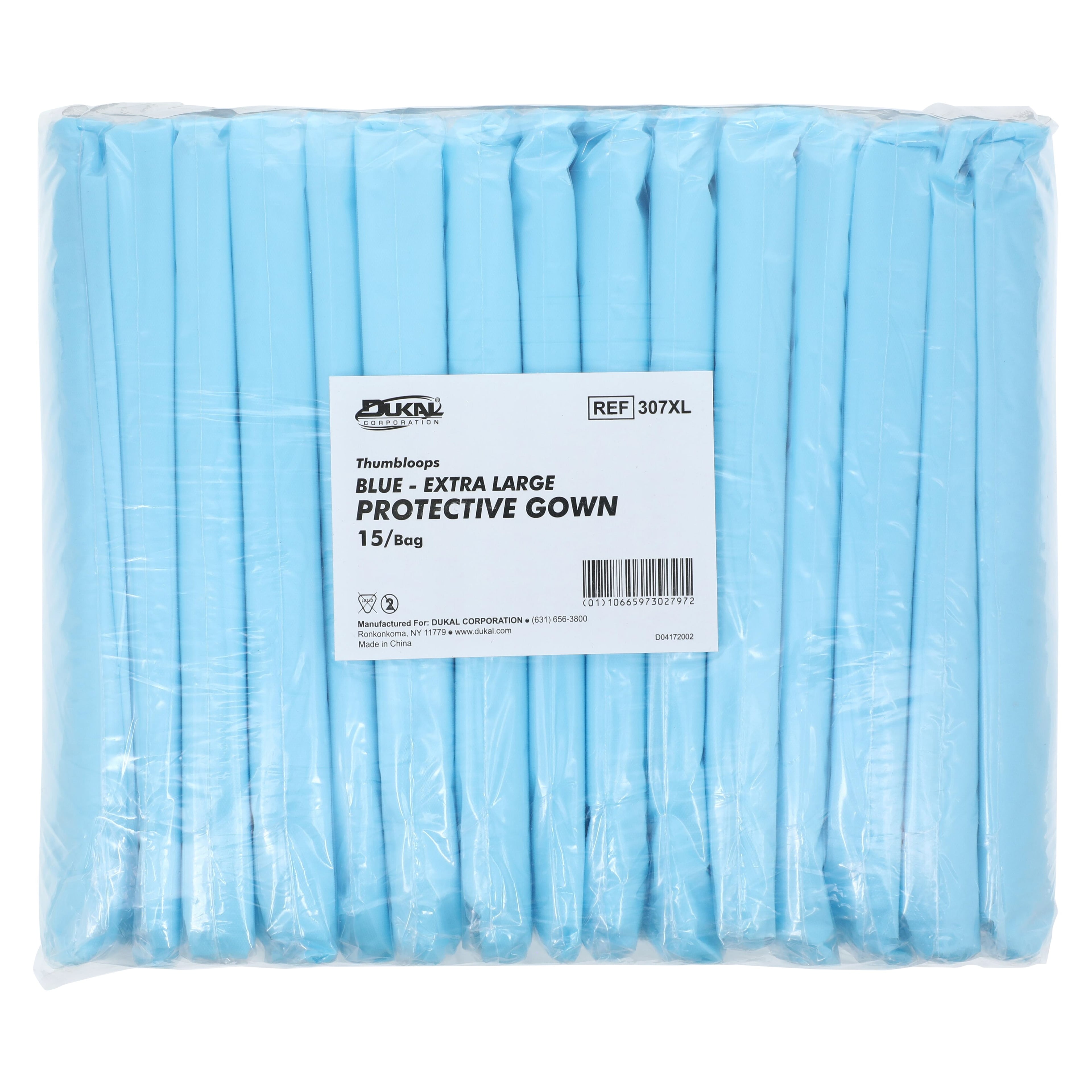 Dukal CPE Isolation Gown, AAMI Level 2, Chlorinated Polyethylene, X-Large, Blue, Knee Length, Non-Sterile, Tear-Away Back, 15/Bag