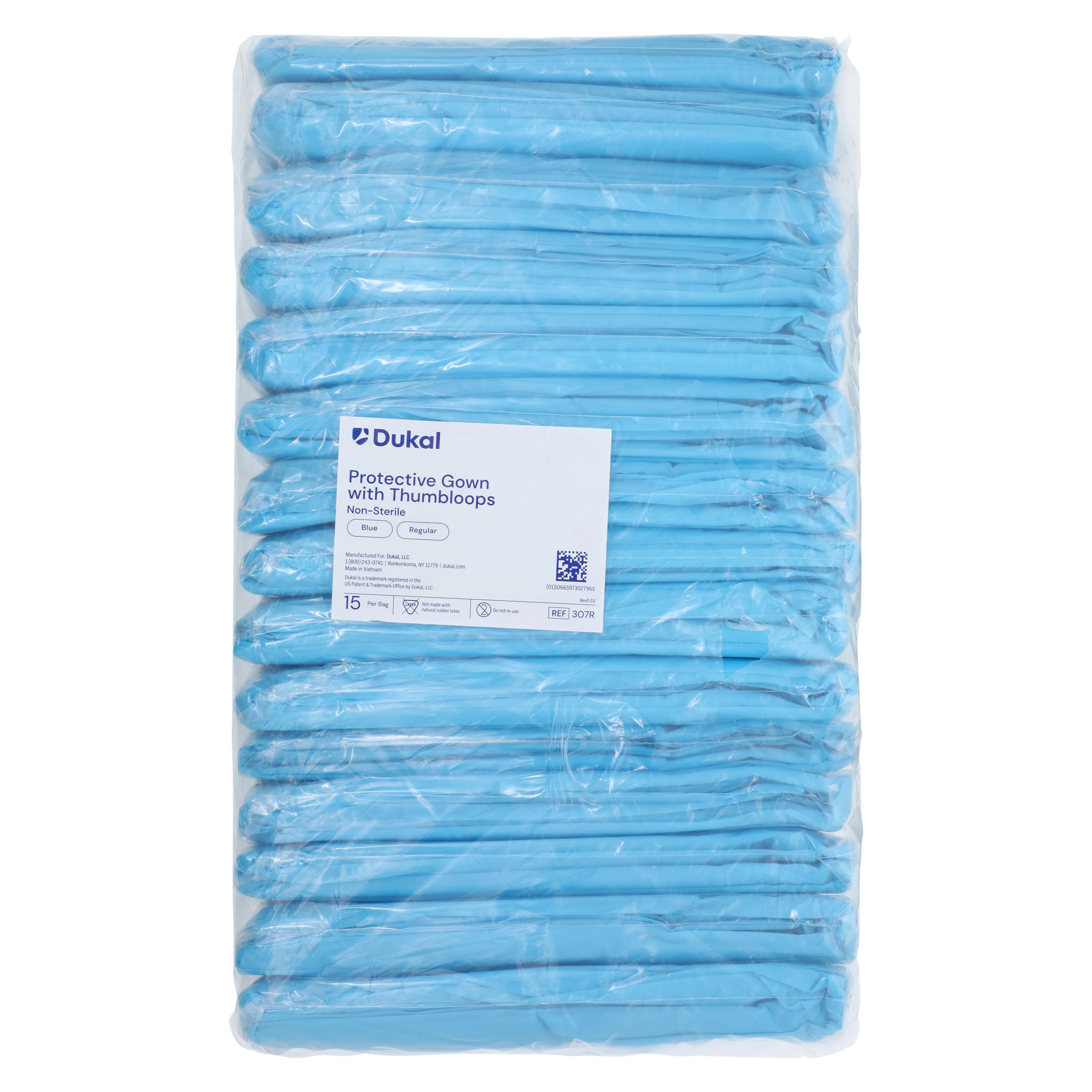 Dukal Protective Gown, AAMI Level 2, Polyethylene Film, Regular, Blue, Tear-Away Back, Elastic Thumb Loop Wrist, 15/Bag