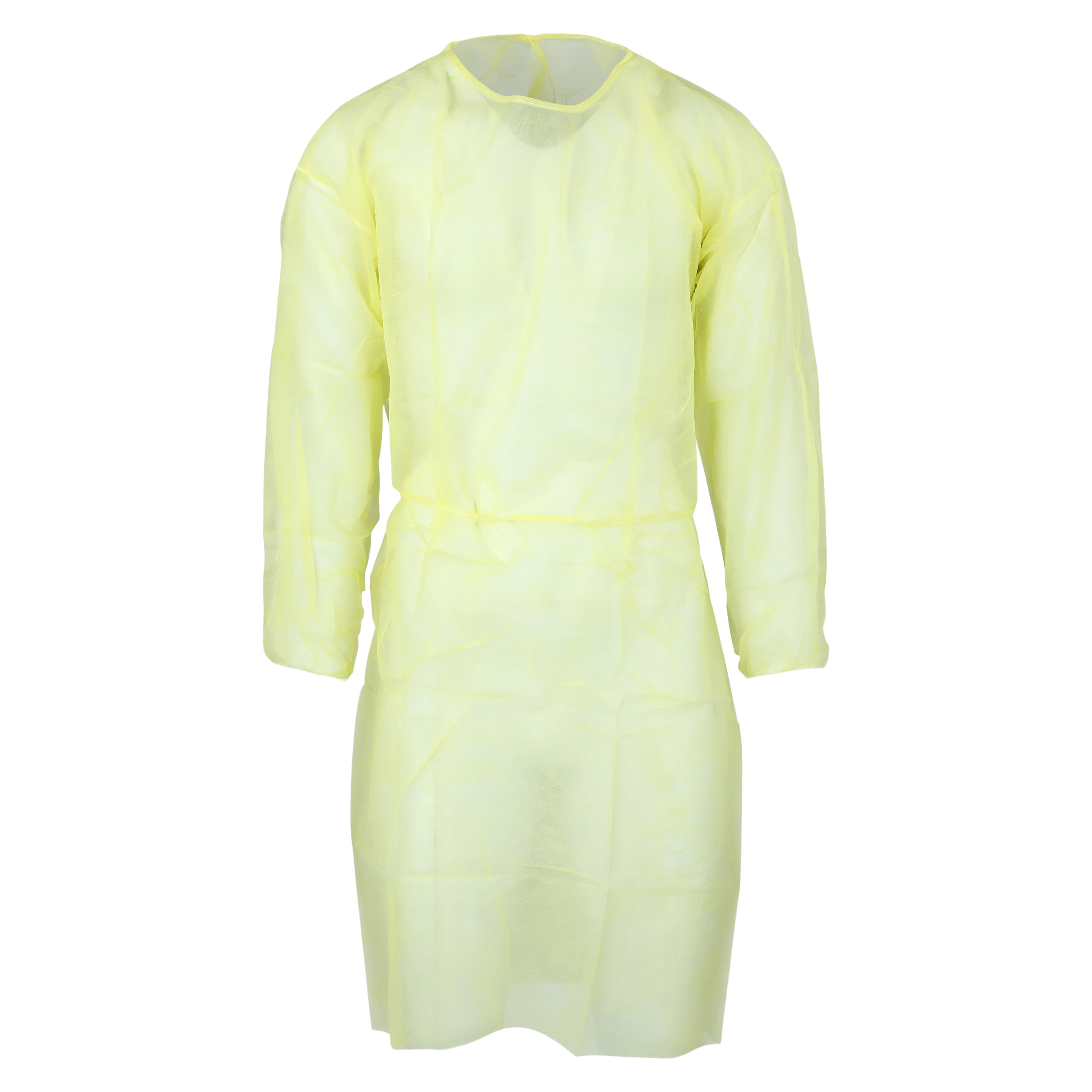 Dukal Isolation Gown, Spunbonded Polypropylene, One Size, Yellow, Non-Sterile, Waist/Neck Ties, Elastic Cuff, 10/Bag