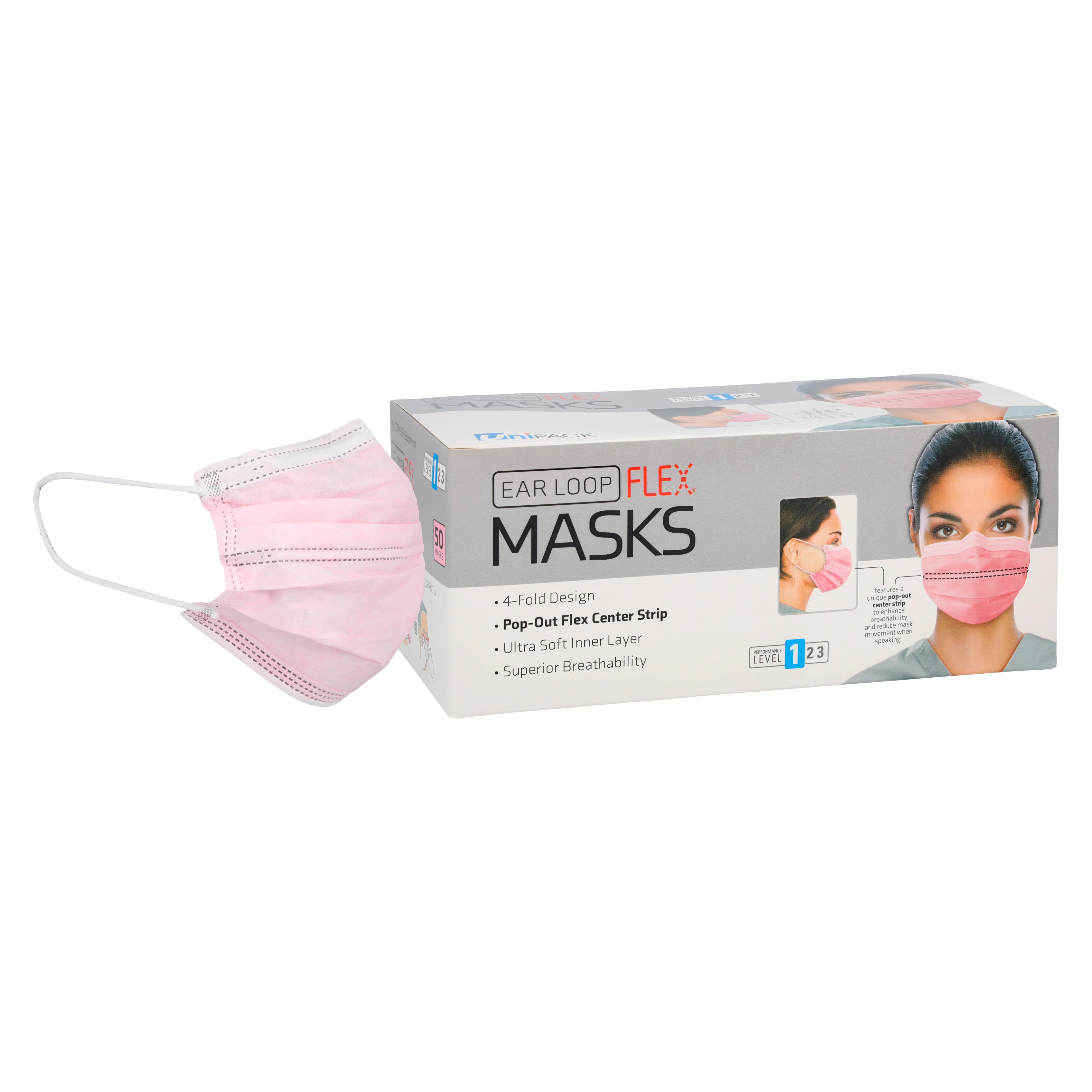 Unipack Medical Earloop Flex Mask Level 1, ASTM Level 1, Pink, 50/Box