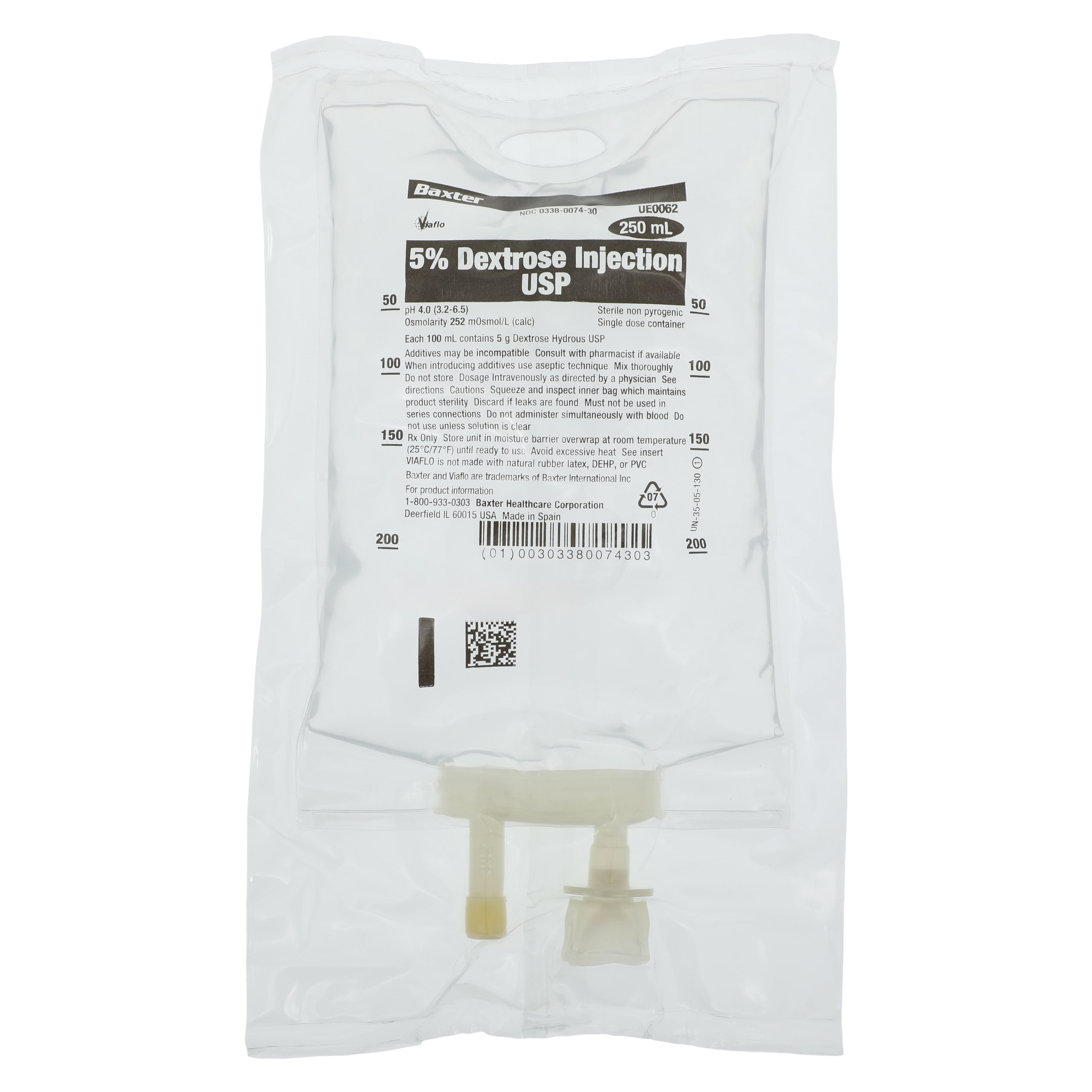 Dextrose 5% Injection USP Bag, 250mL, Viaflo, DEHP-Free, Latex-Free