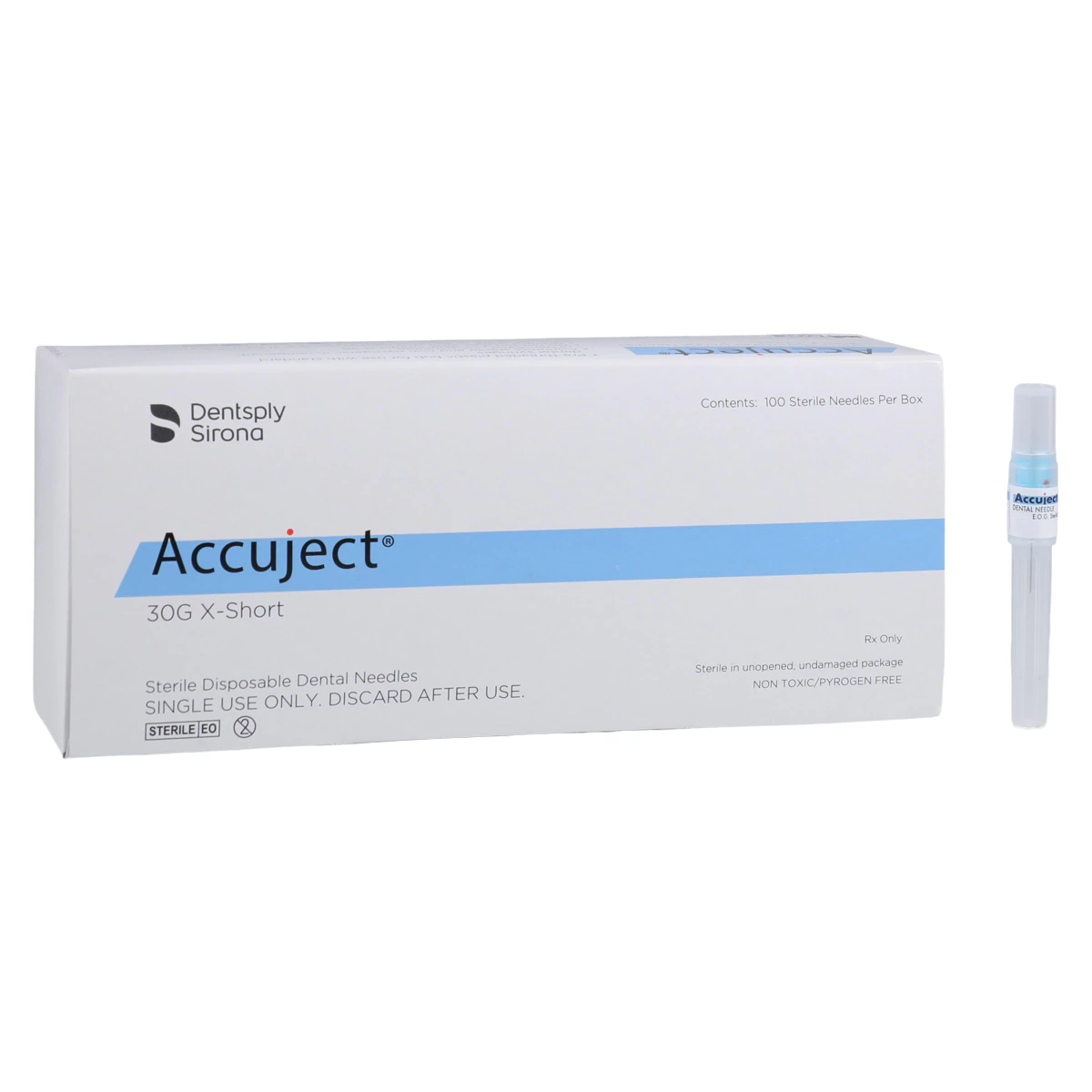 Accuject Disposable Dental Needles, Plastic Hub, 30 Gauge, Extra Short (12mm), Blue, Sterile, 100/Box, 901005