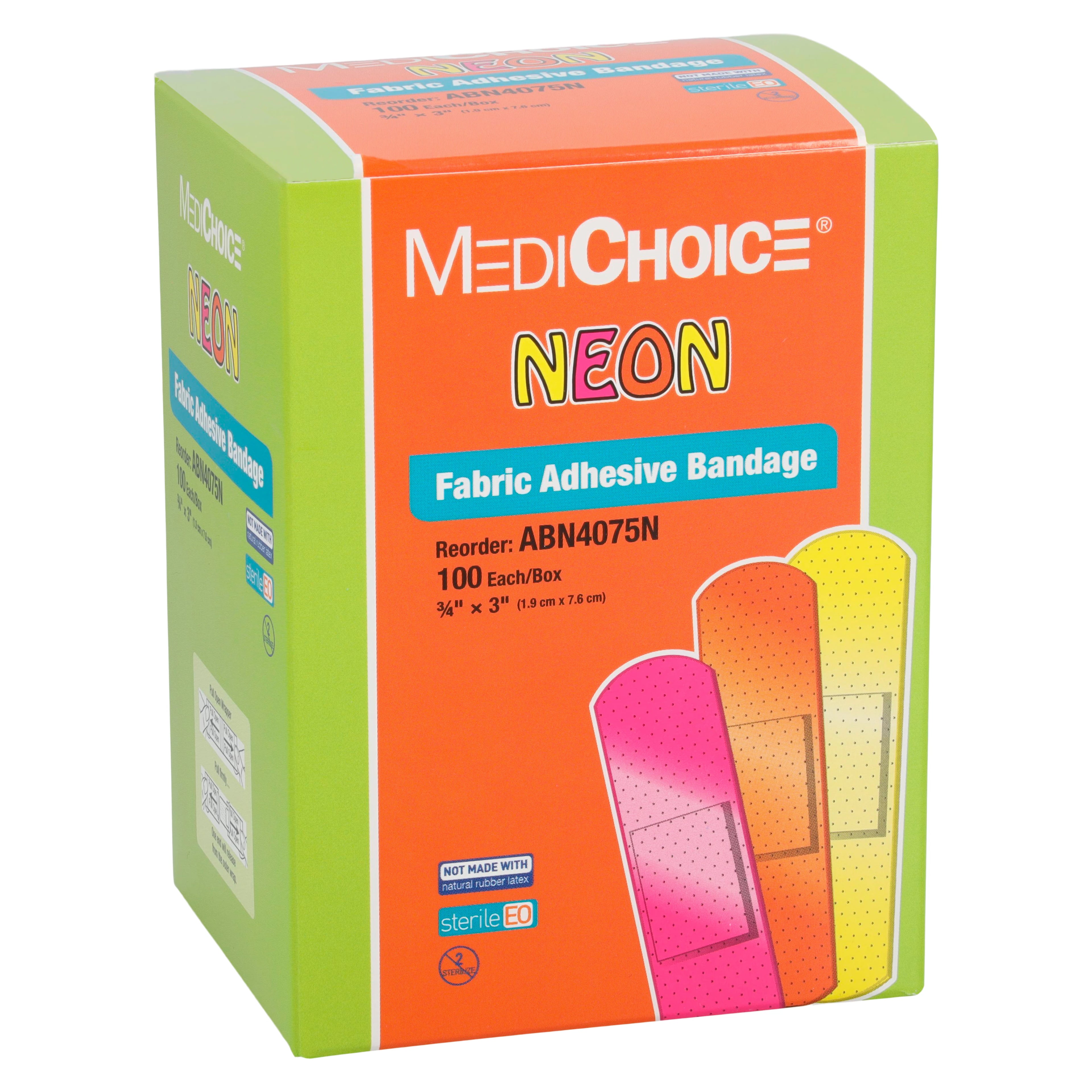 MediChoice Adhesive Bandage, Fabric, 3/4" x 3", Assorted Neon, Sterile, 100/Box