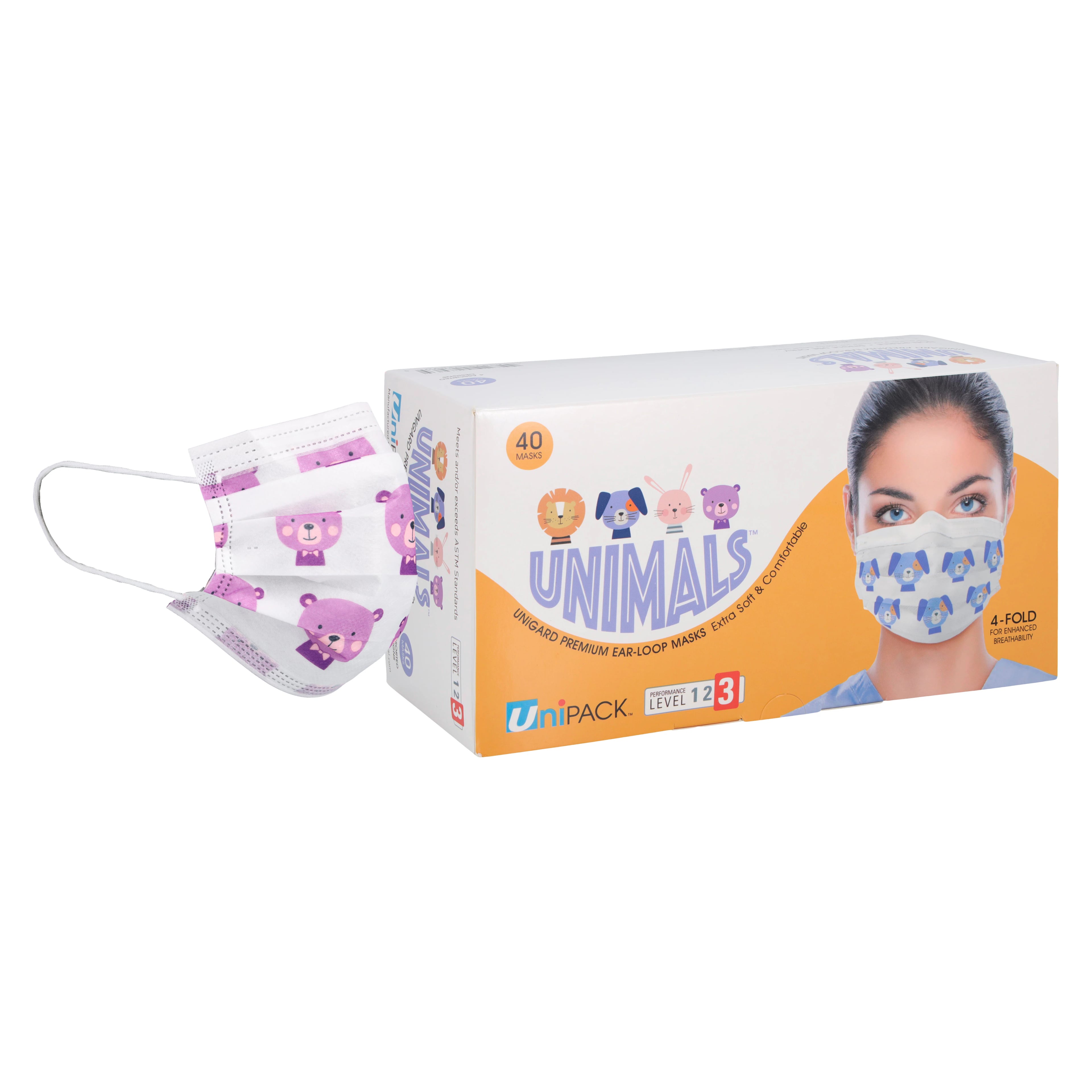 Unimals Premium Pediatric Earloop Face Mask, ASTM Level 3, Animal Print, 40/Box, ULM-6372