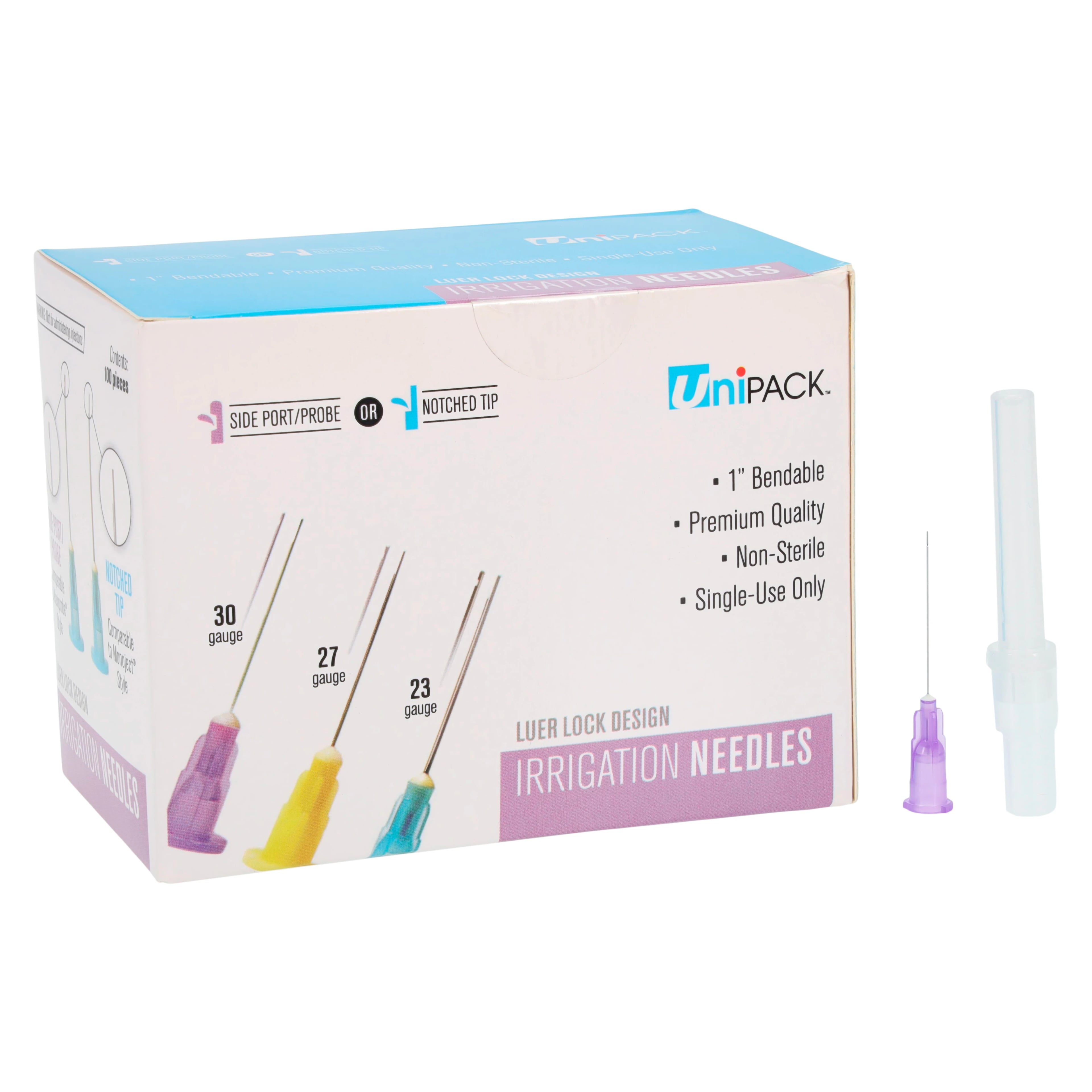 Unipack Notched Irrigating Needle Tips, 30 Gauge, Luer Lock, Purple, 100/Box