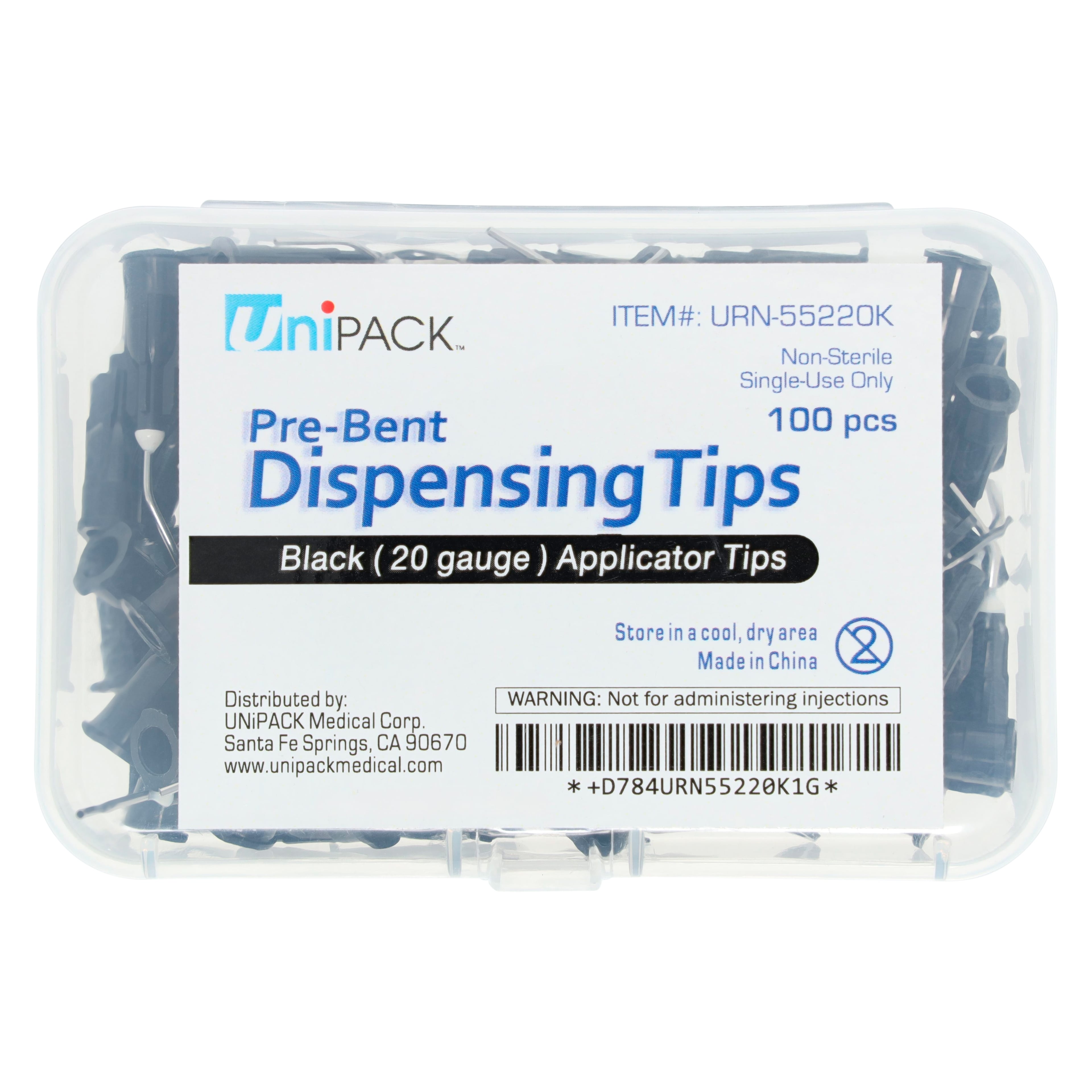 Unipack Pre-Bent Dispensing Tips, 20 Gauge, Black, 100/Box