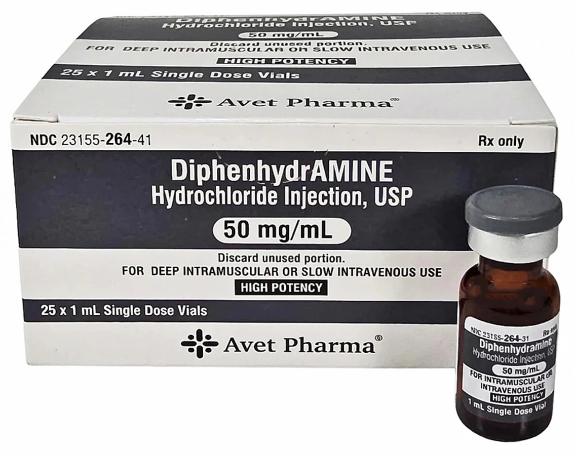 Diphenhydramine HCl Injection 50mg/mL SDV 1mL, 25/Package