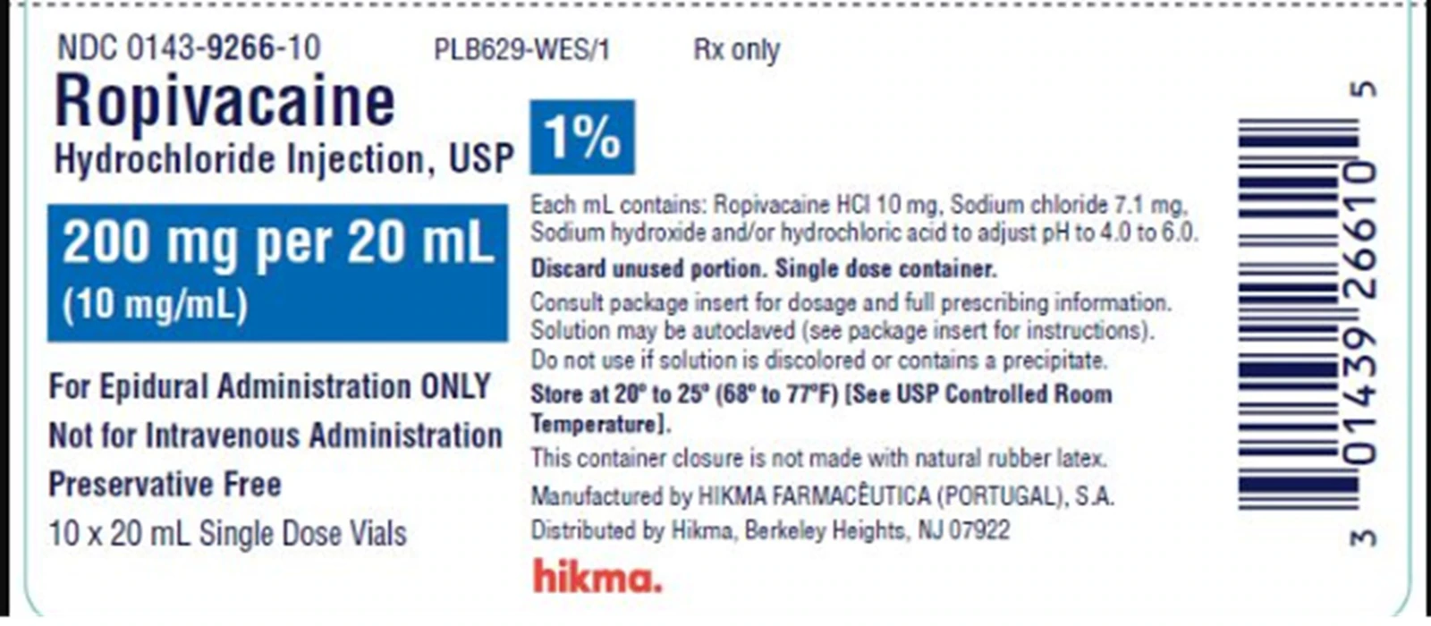Ropivacaine HCl Injection 10 mg/mL, Single-Dose Vial, 20 mL, 10/Package (Hikma Pharmaceuticals)